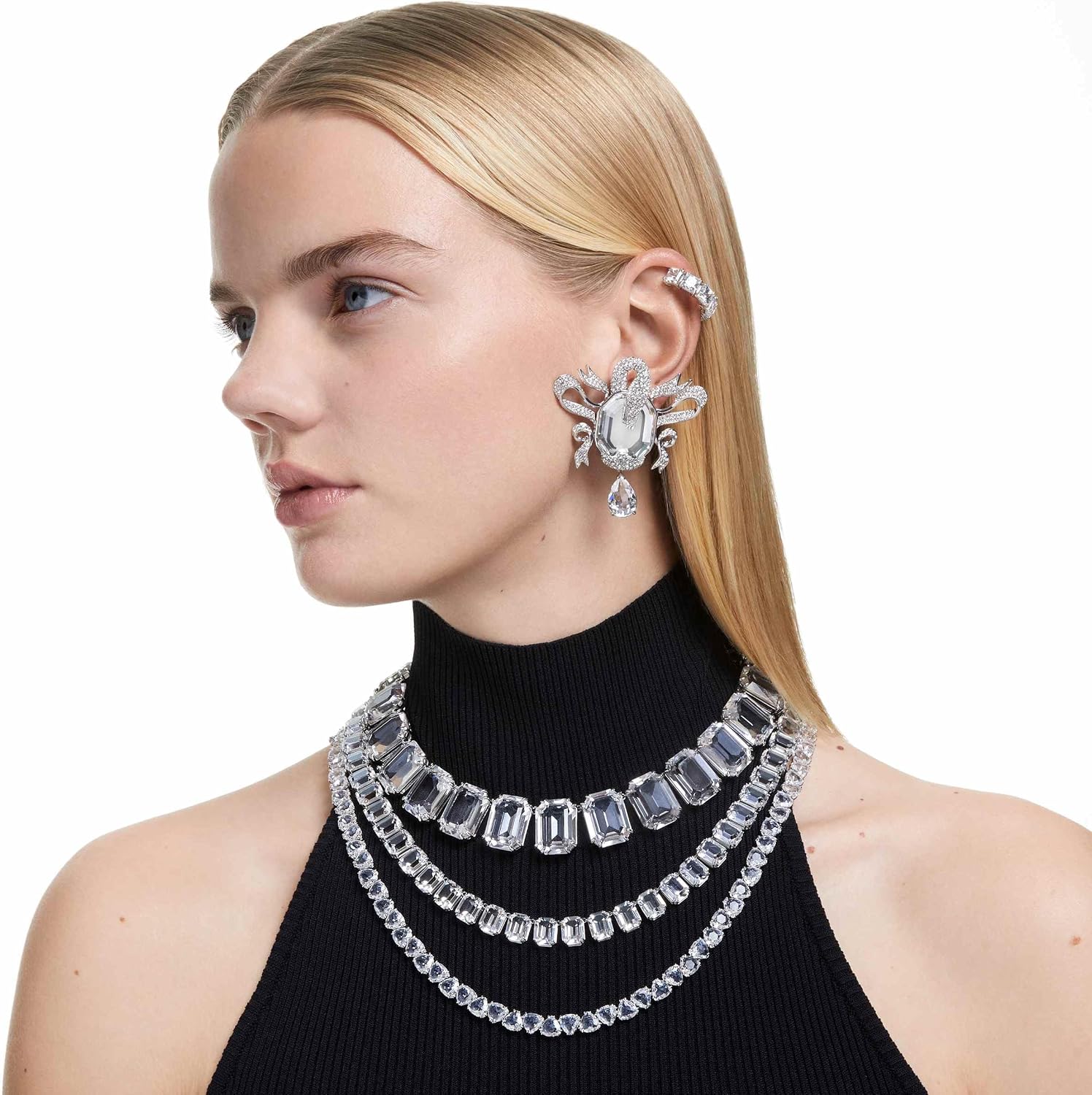 Swarovsk Matrix All-Around Necklace, Bracelet, Clip Earrings, Clear Square-Cut Crystals, Rhodium