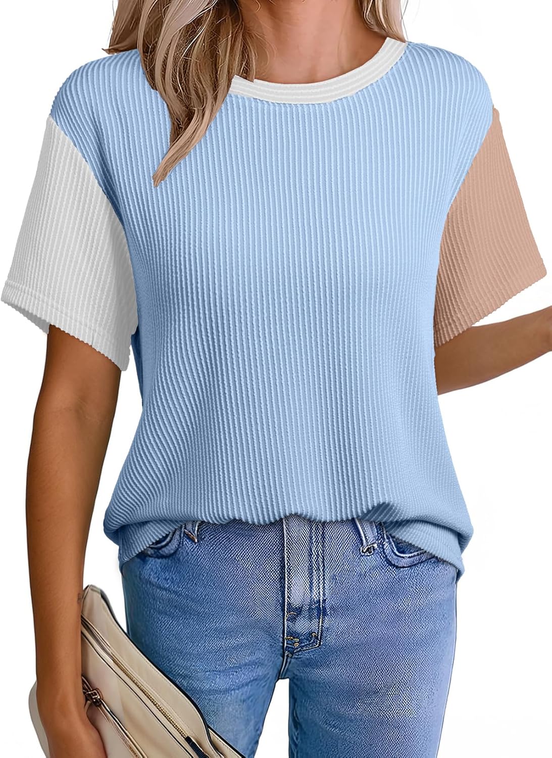 EVALESS Women's Short Sleeve T Shirts Ribbed Knit Crewneck Multicolour Block Tee Blouses Spring Tops 2026 Trendy