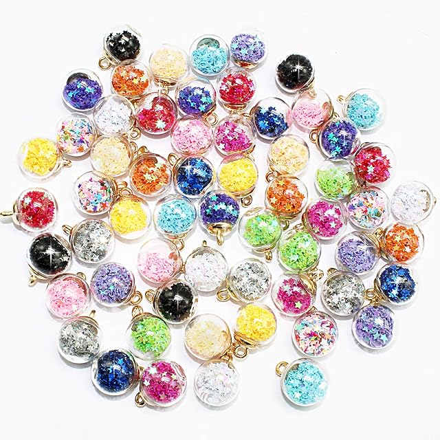 Hioph 60PCS 15mm Colorful Crystal Glass Ball Charms with Shining Star Beaded Pendant for DIY Necklace Bracelet Earrings Jewelry Making Supply