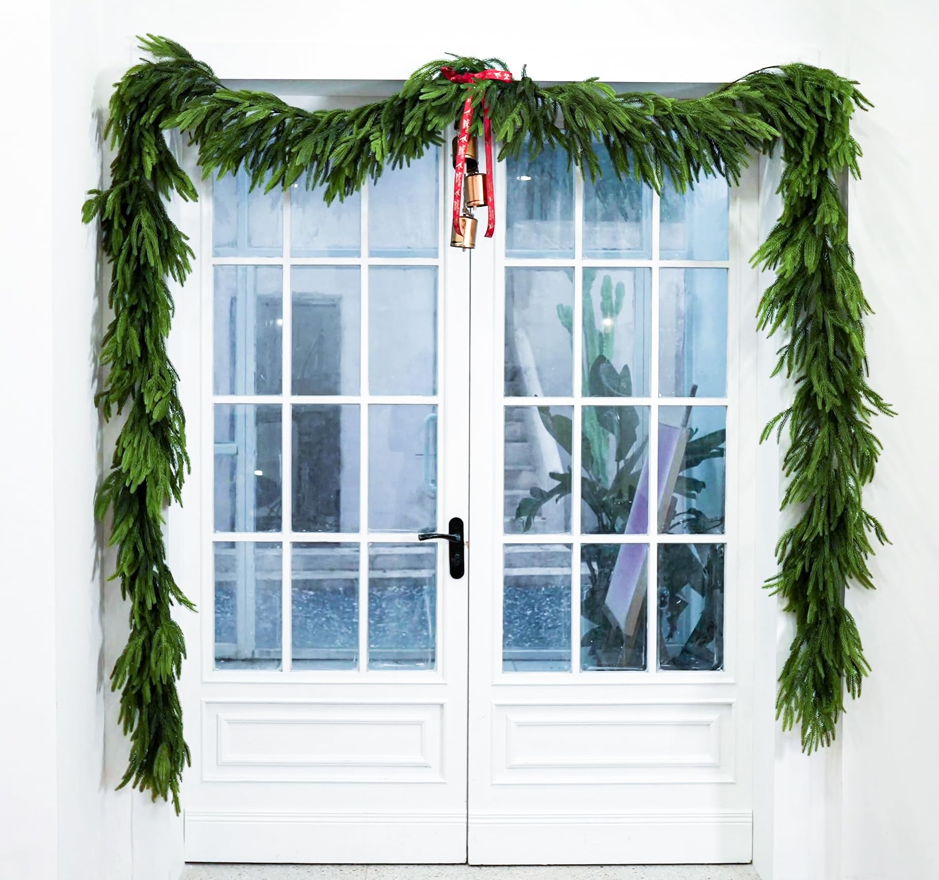 2 Pcs 6 Ft Christmas Garland Real Touch Norfolk Pine Garland Christmas Decorations Faux Realistic Winter Pine Garlands for Mantle, Table, Stairs, Doorframe, Fireplace Indoor Outdoor Holiday Xmas Decor