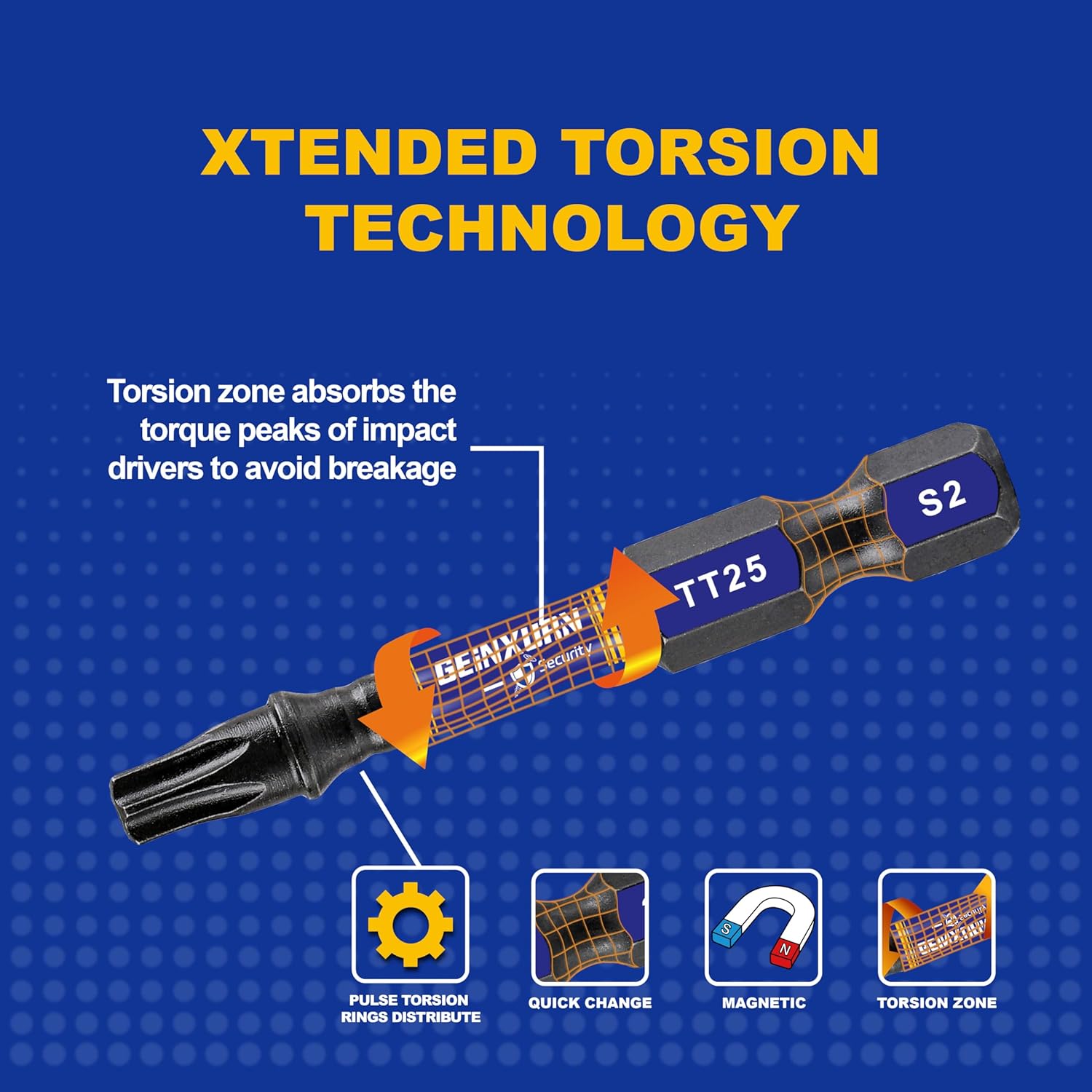 Geinxurn 5 Pieces T25 Hollow 2 In. Impact Tough Magnetic Insert Bit Set, #25 Security Torx Head Power Bits, S2 Alloy Steel Star T25 Screwdriver Bits Set