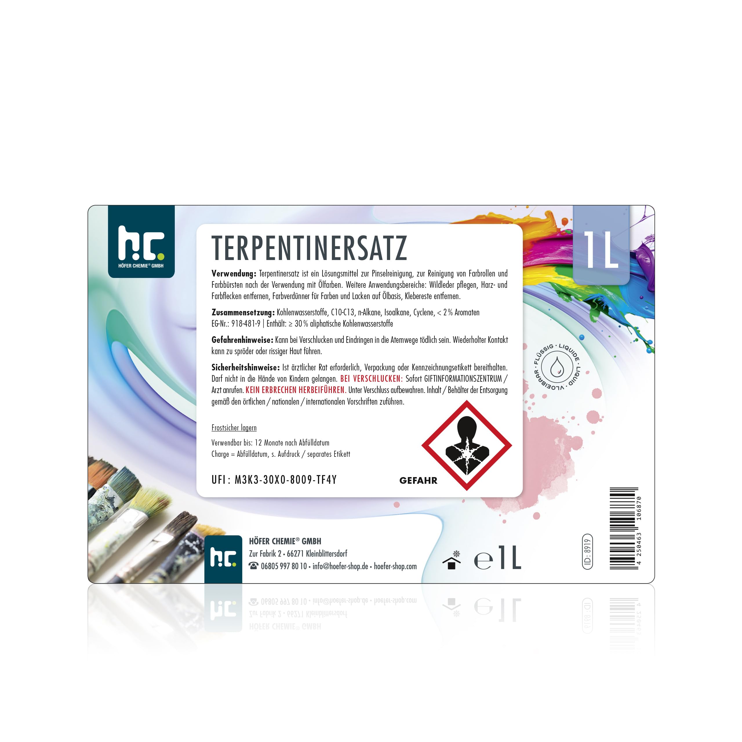 Höfer Chemie Terpentin-Ersatz 15 x 1 L – Universal Lösungsmittel zur Reinigung von Pinseln, Farbrollen & Bürsten, Entfernt Farbflecken, Harz & Kleberückstände