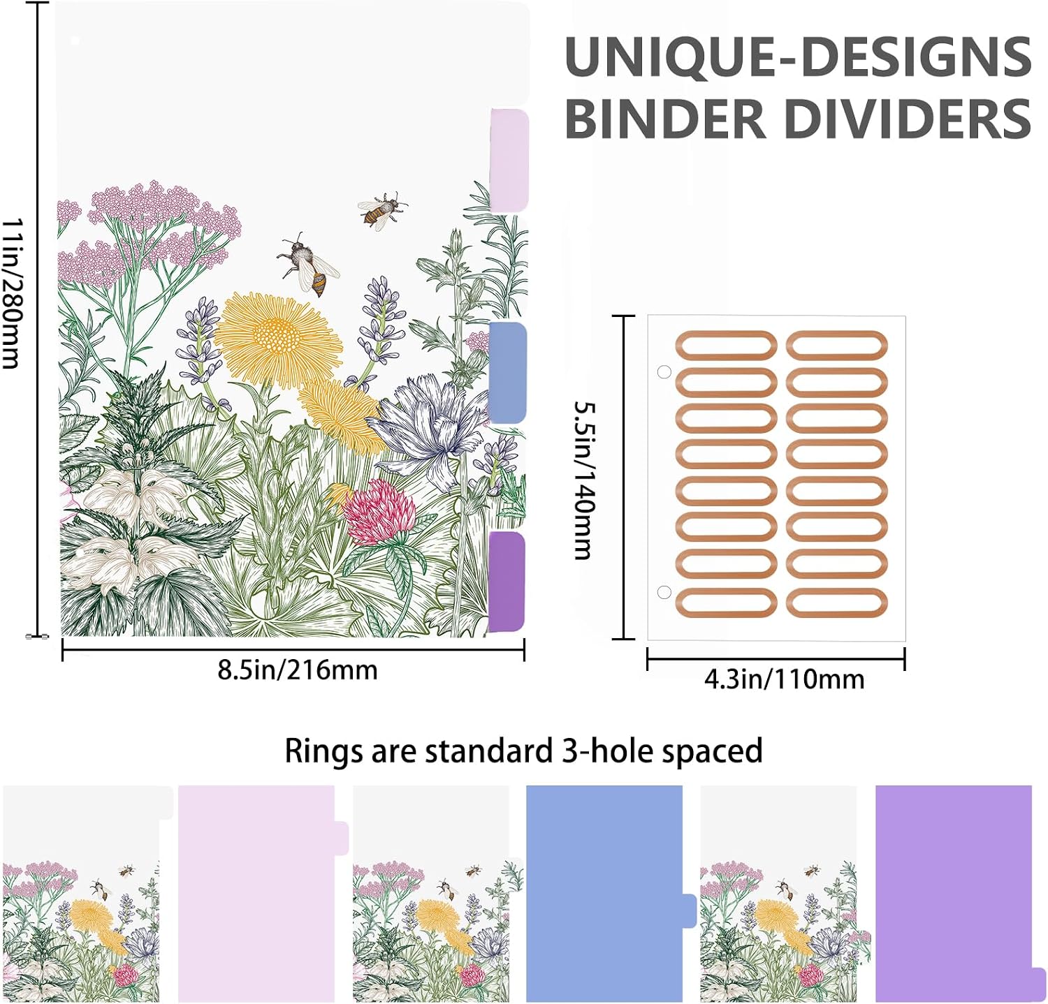 3 Ring Binder 2 Inch, Round Ring Binders with 6 Tab Dividers, 2 Interior Storage Pockets, Cute Low Profile Clipboard, Fashion School Office Supplies, Folders Organizer, Portfolio (Wild Flowers) image 4