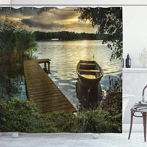 Miniatura 81 de Ambesonne Cortina de ducha de Navidad, estilo retro, palabras de deseos de Navidad con forma de árbol con adornos, juego de decoración de baño de