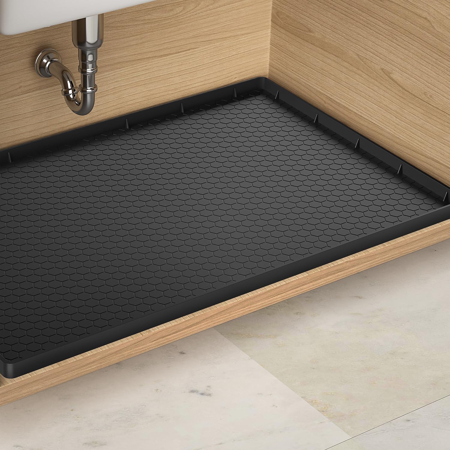 Under Sink Mats for Kitchen Waterproof - 22" x 19" Waterproof Kitchen Cabinet Mat - Flexible Silicone Under Sink Liner - Bathroom Cabinet Mat and