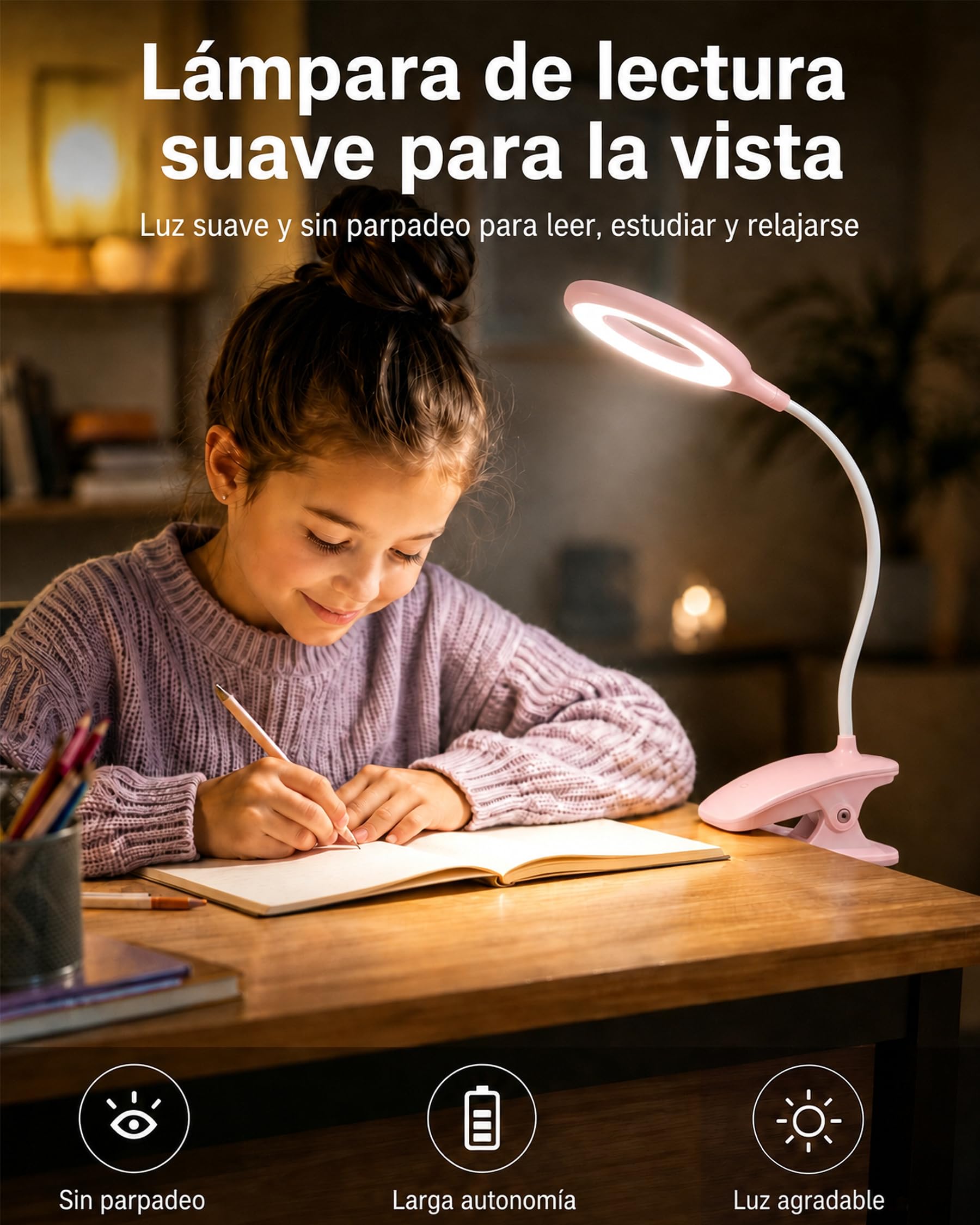 Lámpara LED de Escritorio con Pinza para Niños, Luz de Lectura Recargable USB, 3 Modos de Luz, Cuello Flexible 360°, Batería 2200mAh, para Estudiar, Leer en Cama y Trabajar, Rosa