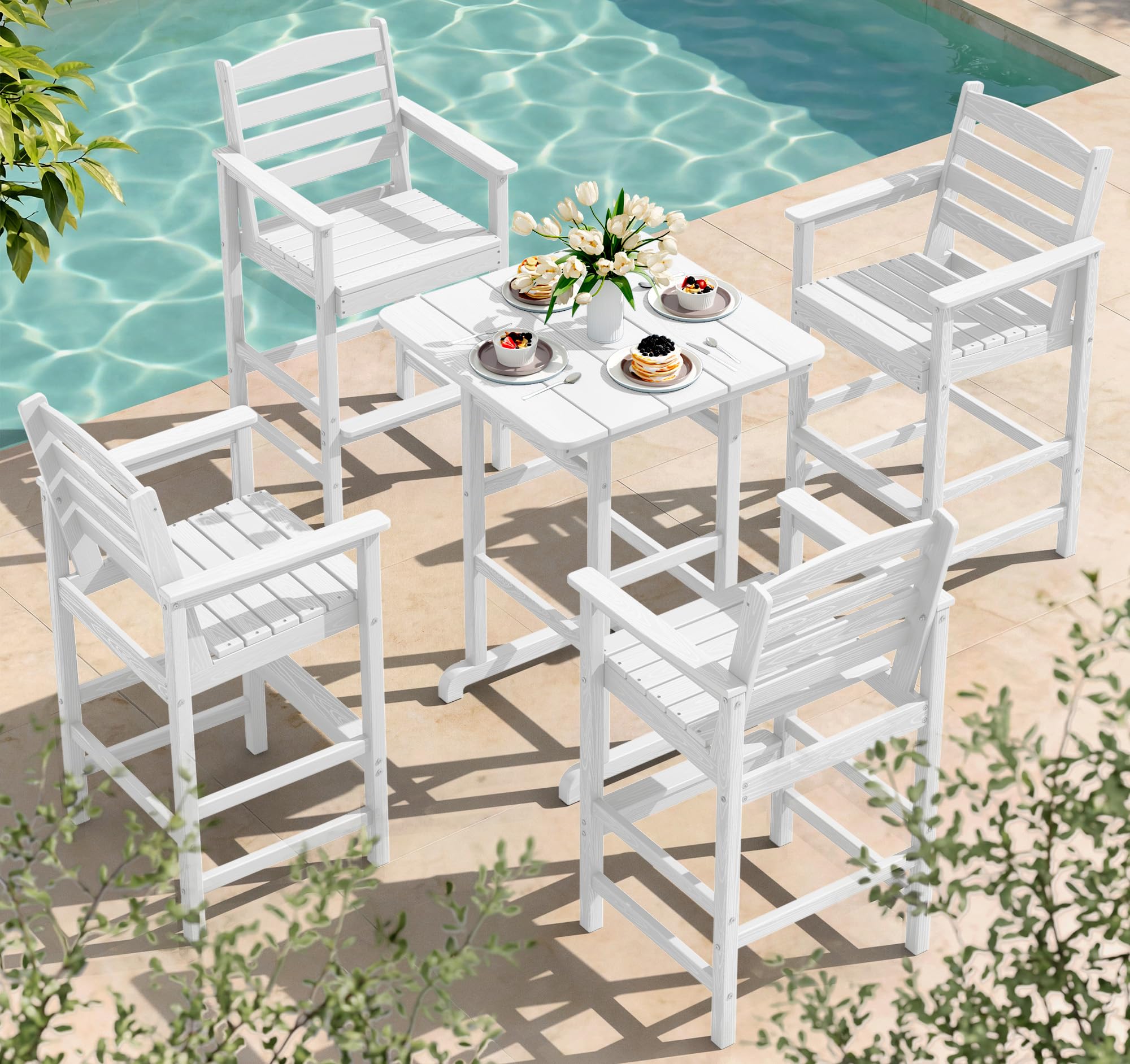 SERWALL 5 Pcs HDPE Bar Height Adirondack Chairs and Bar Table Set, White