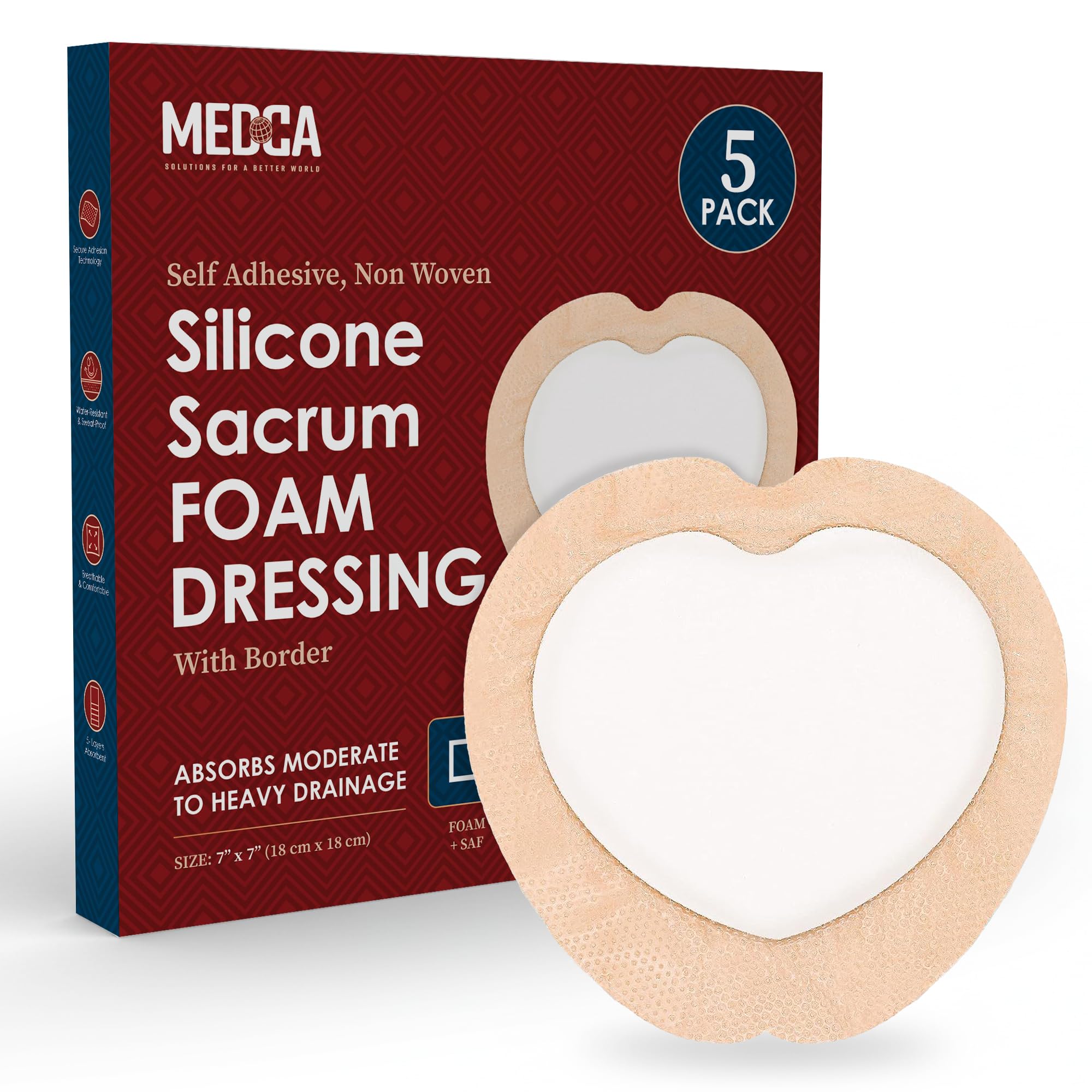 MEDca Medicazione in schiuma di silicone sacro con bordo adesivo, 17,8 x 17,8 cm, confezione da 5, bende in silicone impermeabile per ferite, medicazione altamente assorbente per ferite da letto in