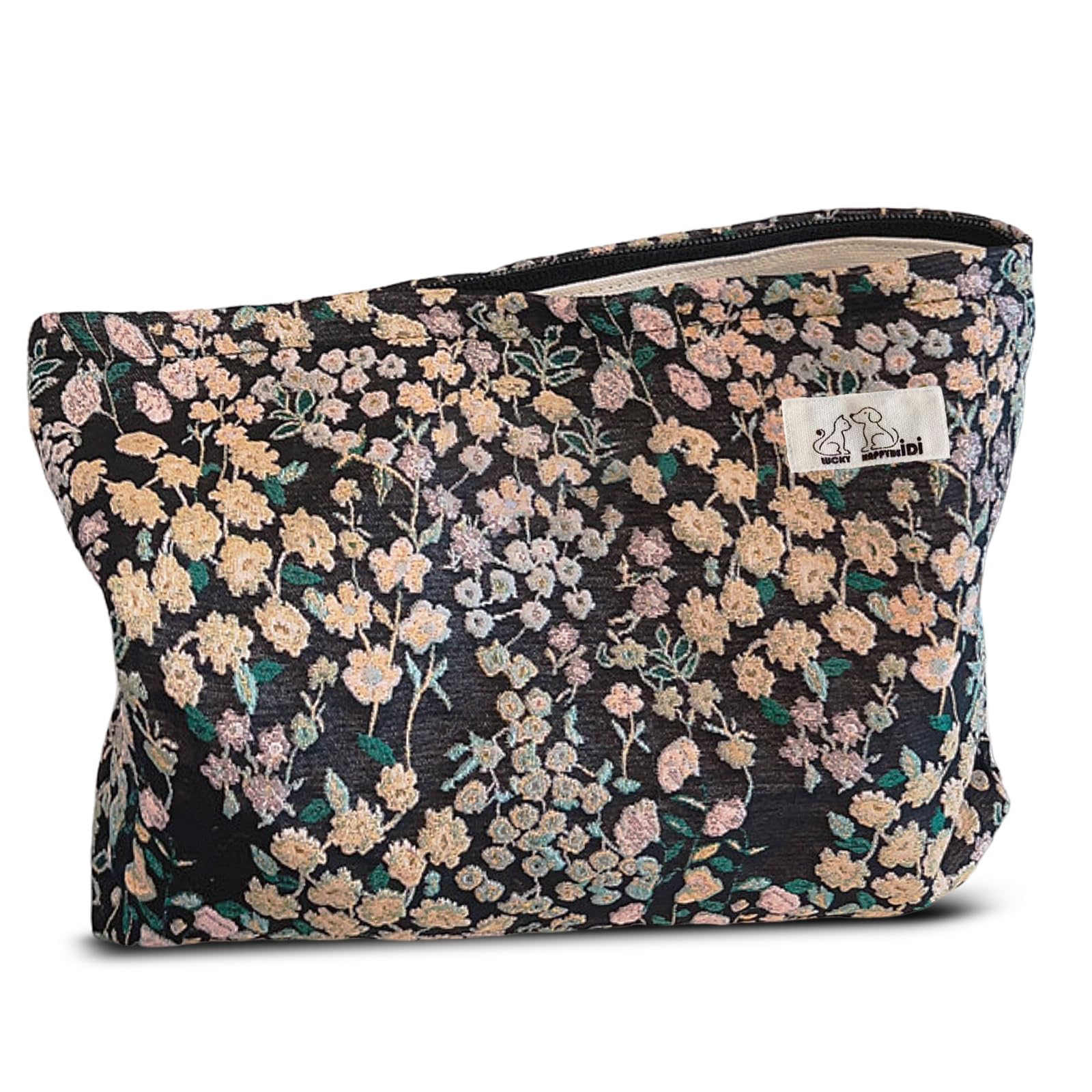 HAPPYHEIDI Women Aesthetic Makeup Bag With Compartment Accessory Zipper Pouch for Cosmetics Travel, Purse Organizer, Embroidery Lucky Flowers Black
