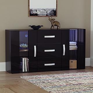 Vida Designs Astro 2 Door 3 Drawer Modern LED Sideboard in Black, RGB Lights (Fade/Strobe Options Included), Wooden Matte Style with High Gloss Features