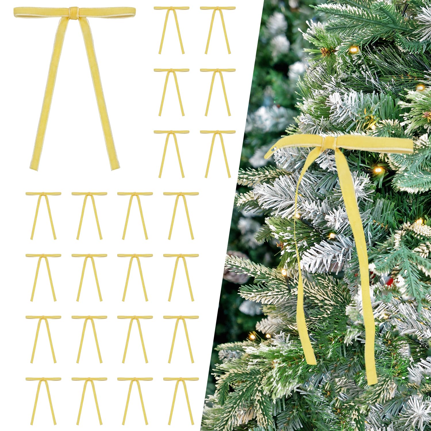 Set of 24 Yellow Velvet Bows Ornaments for Christmas Tree, Vintage Rustic Elegant Velvet Bows Decor, Xmas Home Decoration for Wreath Mantle Gift Wrap Holiday Decor, 3/8'' Wide, 5 * 7 inch