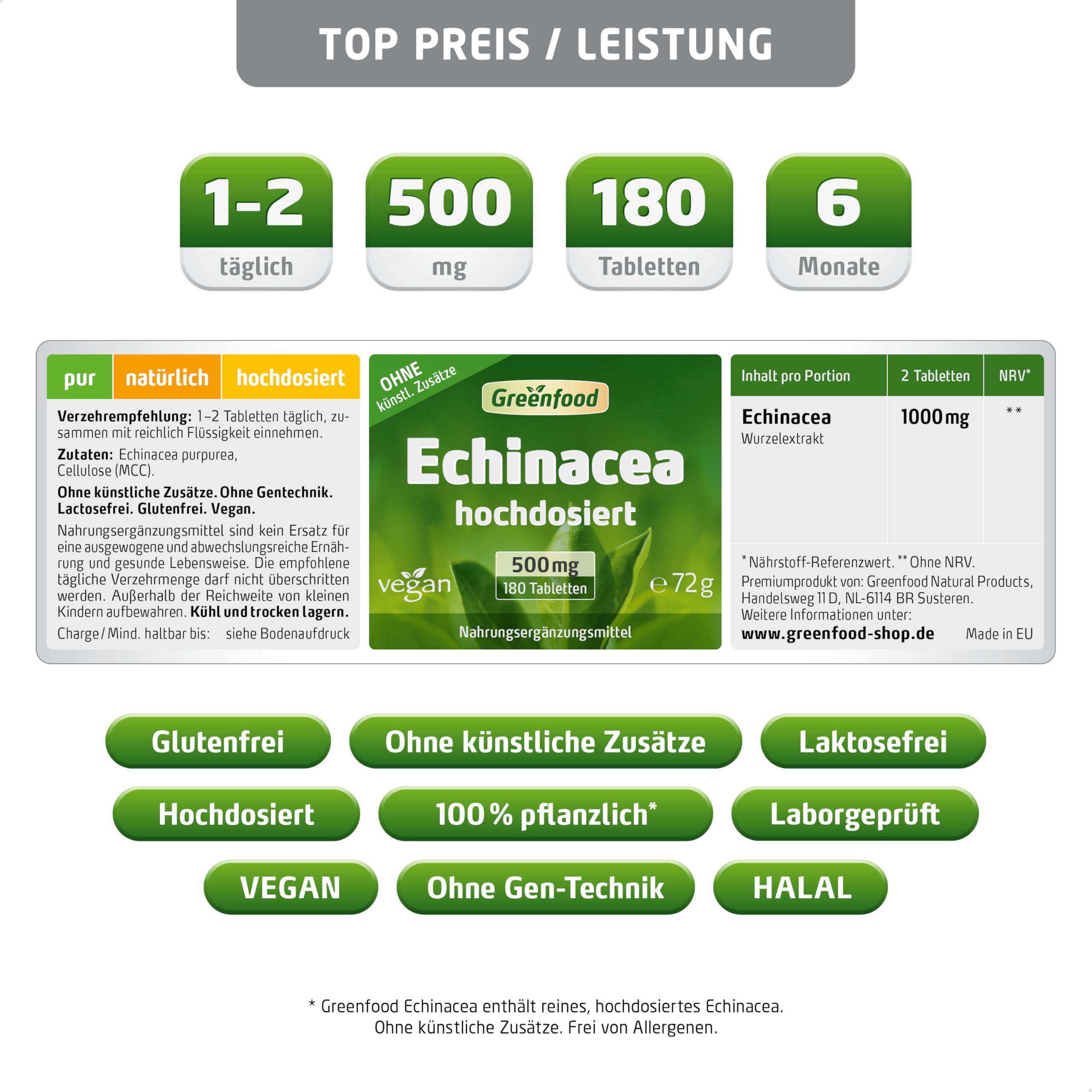 Echinacea, hochdosiert, 500mg - 180 Tabletten, vegan. Pflanzlicher Begleiter in der Grippezeit. Reines Naturprodukt. OHNE künstliche Zusätze - laborgeprüft. Von Greenfood.