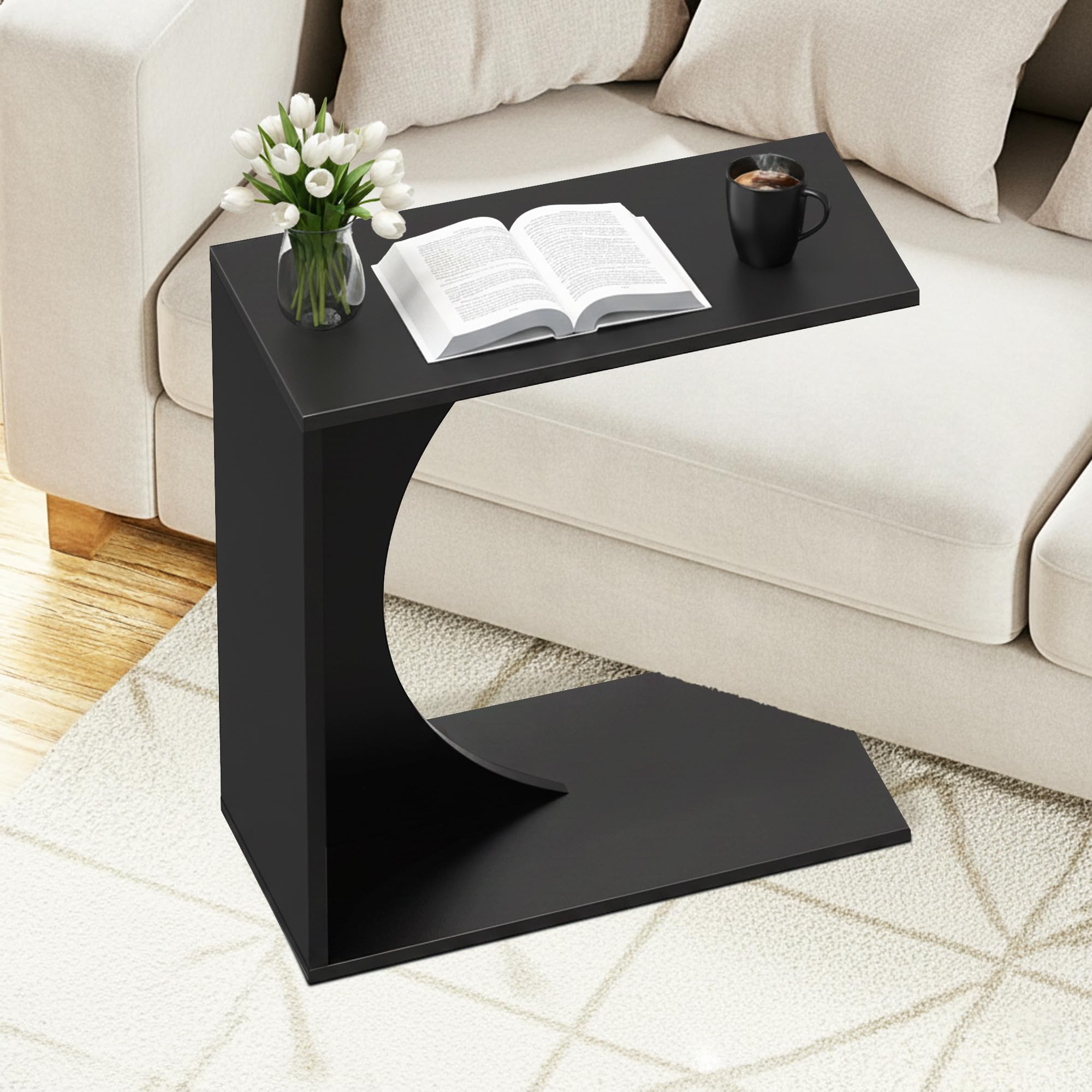 Verssure C Shaped End Table,Solid Wood C Table for Couch,Bedroom and Living Room,Space-Saving Small Side Table for Laptop and Narrow Spaces (Black)