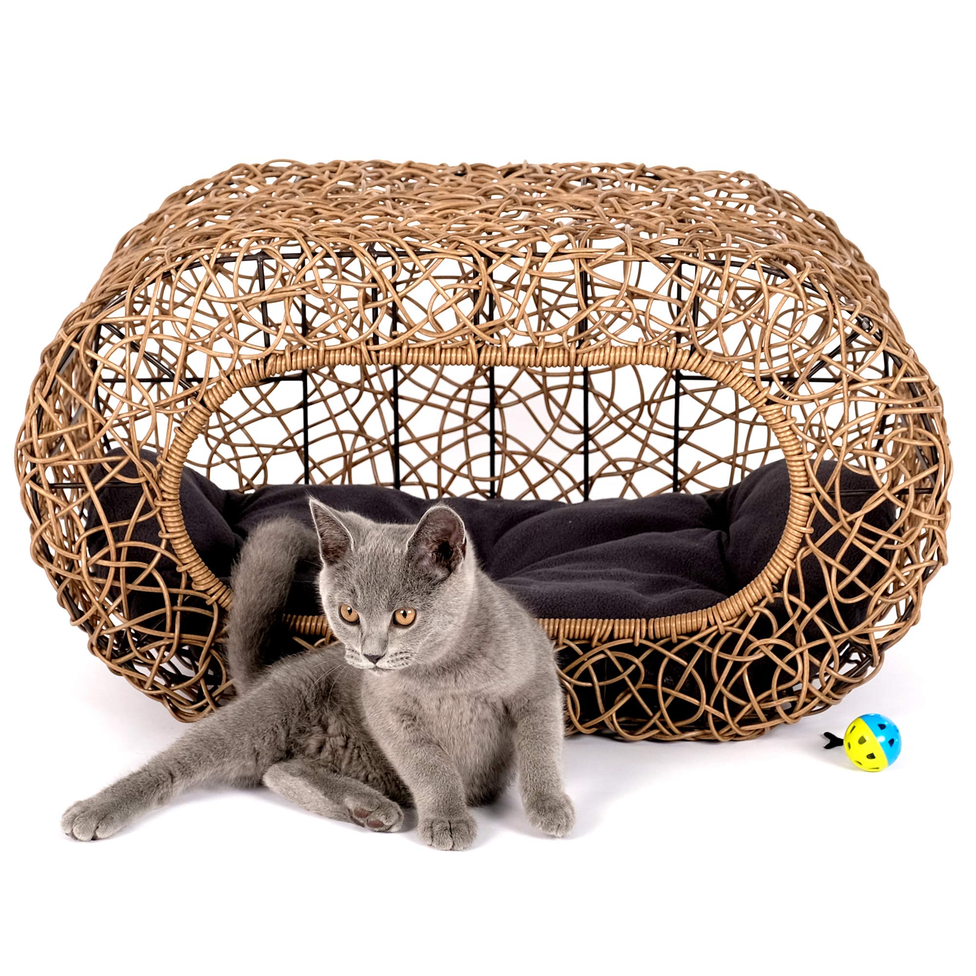 D+GARDENFun Stackable Cat Condo for Indoor Cats - Interactive Play Faux Rattan Cat House for Indoor Cats Kitty, Pet Friendly Top/Side House Entry, Cat Bed Enclosed