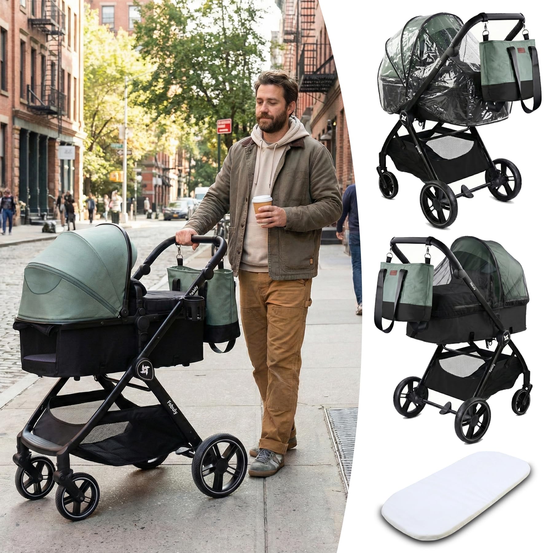 Passeggino Trio 3 in 1 Sistema Modulare Carrozzina Neonati Ovetto Auto Verde 25 kg