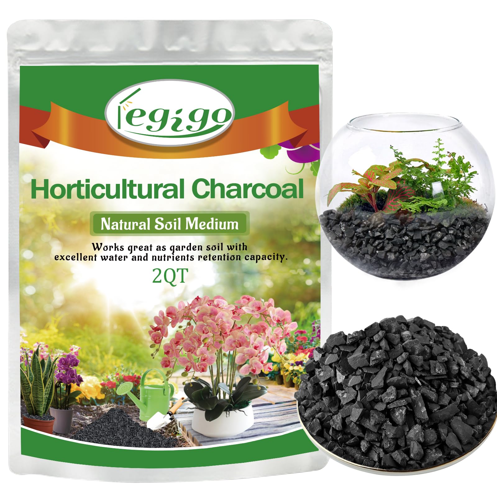 Legigo 2 QT Horticultural Charcoal- Natural Charcoal for Plants Biochar Soil Amendment for Indoor Plants Terrariums Orchids Potting