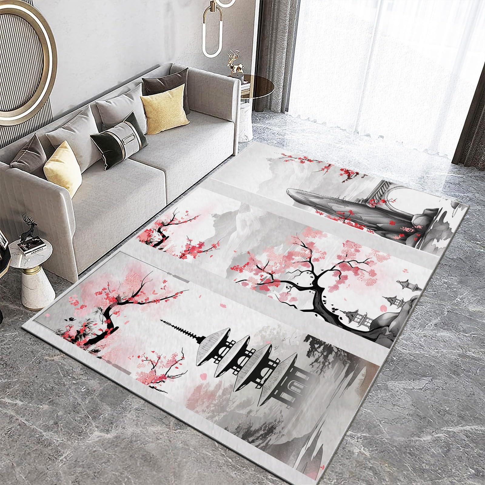 Tapis de salon 160 x 230 cm style japonais à fleurs de cerisier