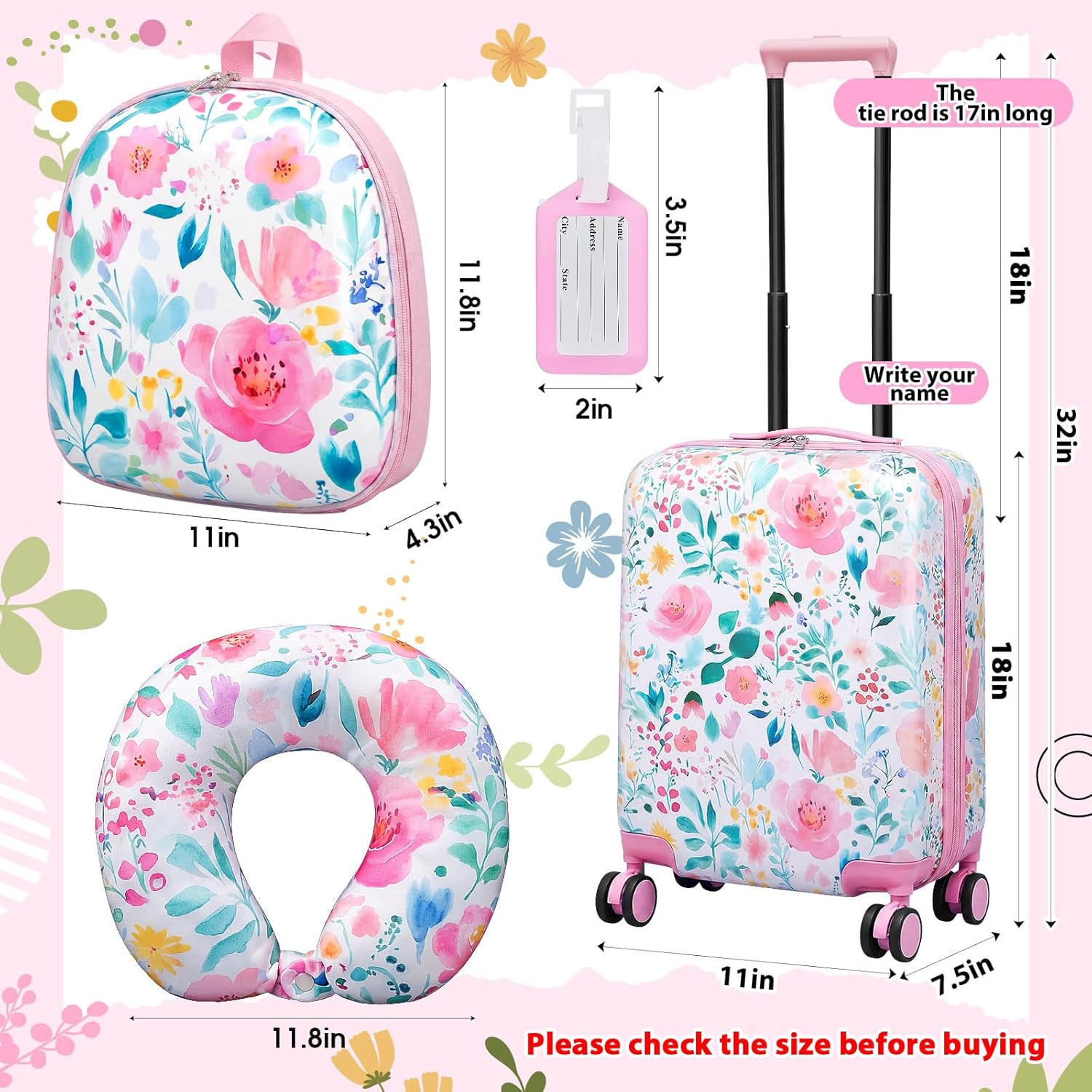 Sanwuta 4 Pcs Kids Luggage Set Carry On Rolling Suitcase Backpack Neck Pillow Travel Set Gift for Girls Boys Summer Camp(17 Inch,Flower Style,Pink Green)