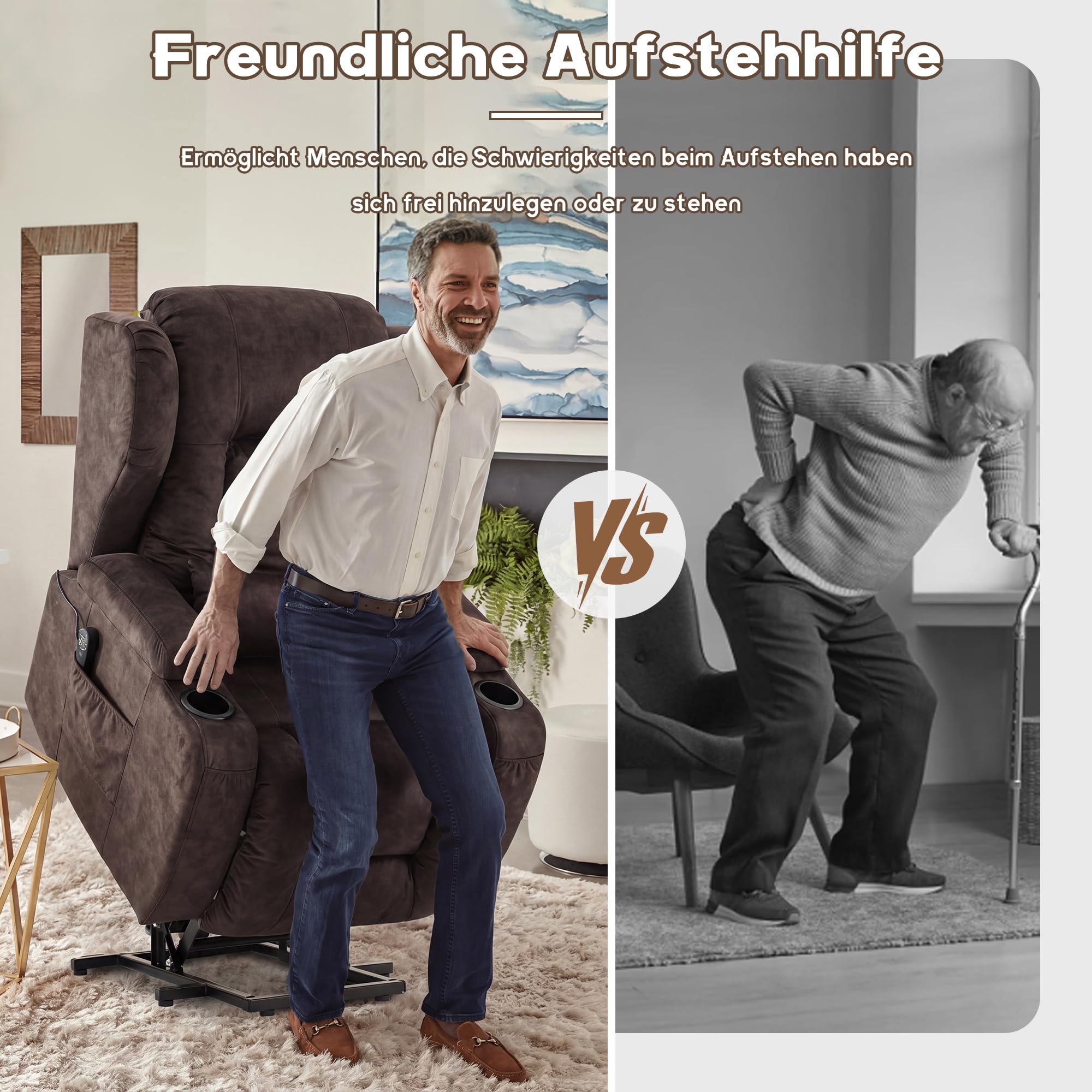 Fernsehsessel mit Aufstehhilfe Elektrisch, Relaxsessel mit Liegefunktion, Massagesessel mit Massage Wärmefunktion Seniorensessel für Senioren, 2 Seitentaschen und Getränkehalters (Samt Braun)