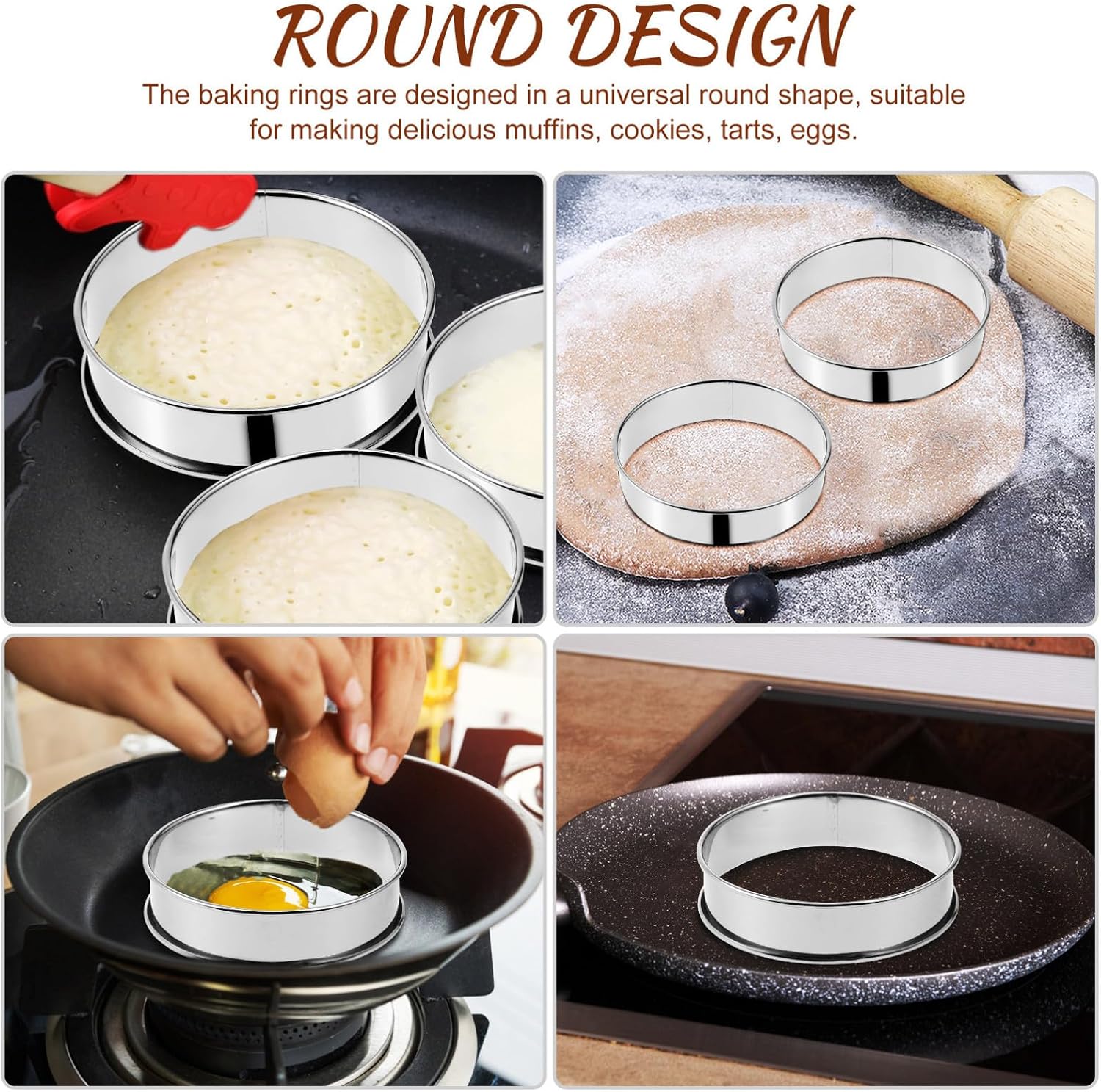 Uonlytech 10 Pcs Stainless Steel Cooking Rings Non-stick round Crumpet Rings 10cm Sturdy Baking Tools for Kitchen Pastry and Muffin Making