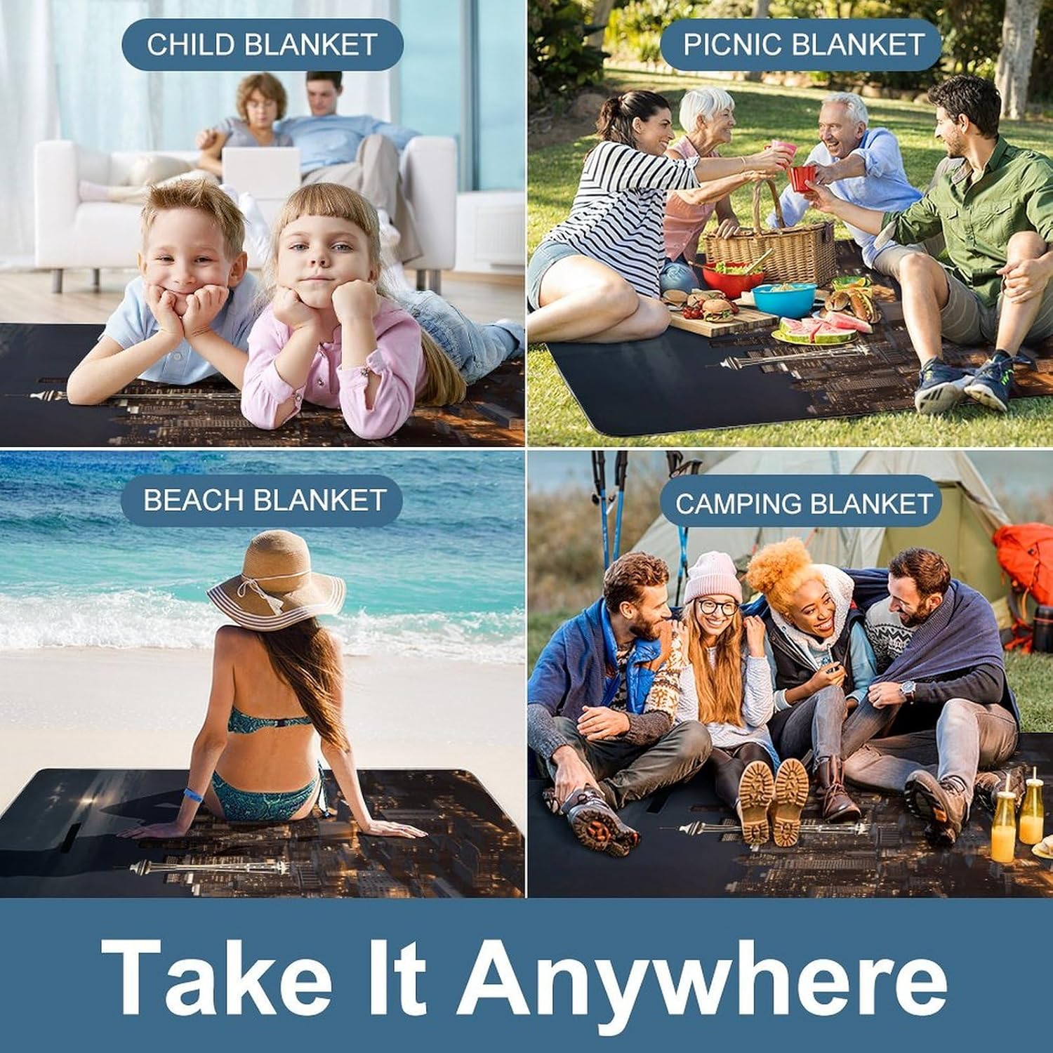 City Seattle Picnic Blanket Indoor and Outdoor Square Blankets Waterproof Design Mat Foldable Beach Mats Portable Park Sand Free Blanket for Camping Beach Park