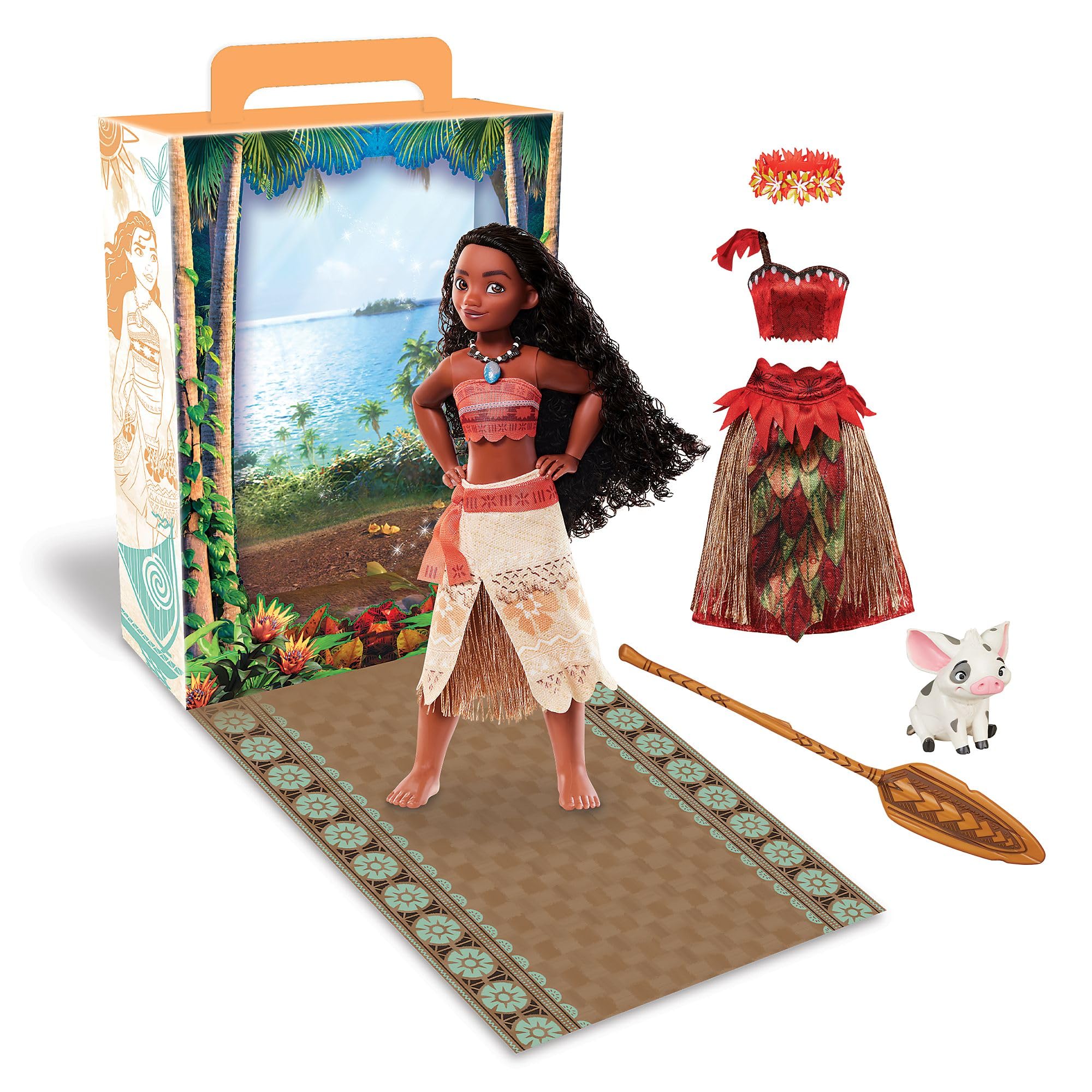 Disney Store Official Moana Story Doll for Kids, 28cm/11, With Pua, 2 Outfits, Accessories, Colouring & Activity Pack and Box that Folds to a Play Stage, Suitable for Ages 3+