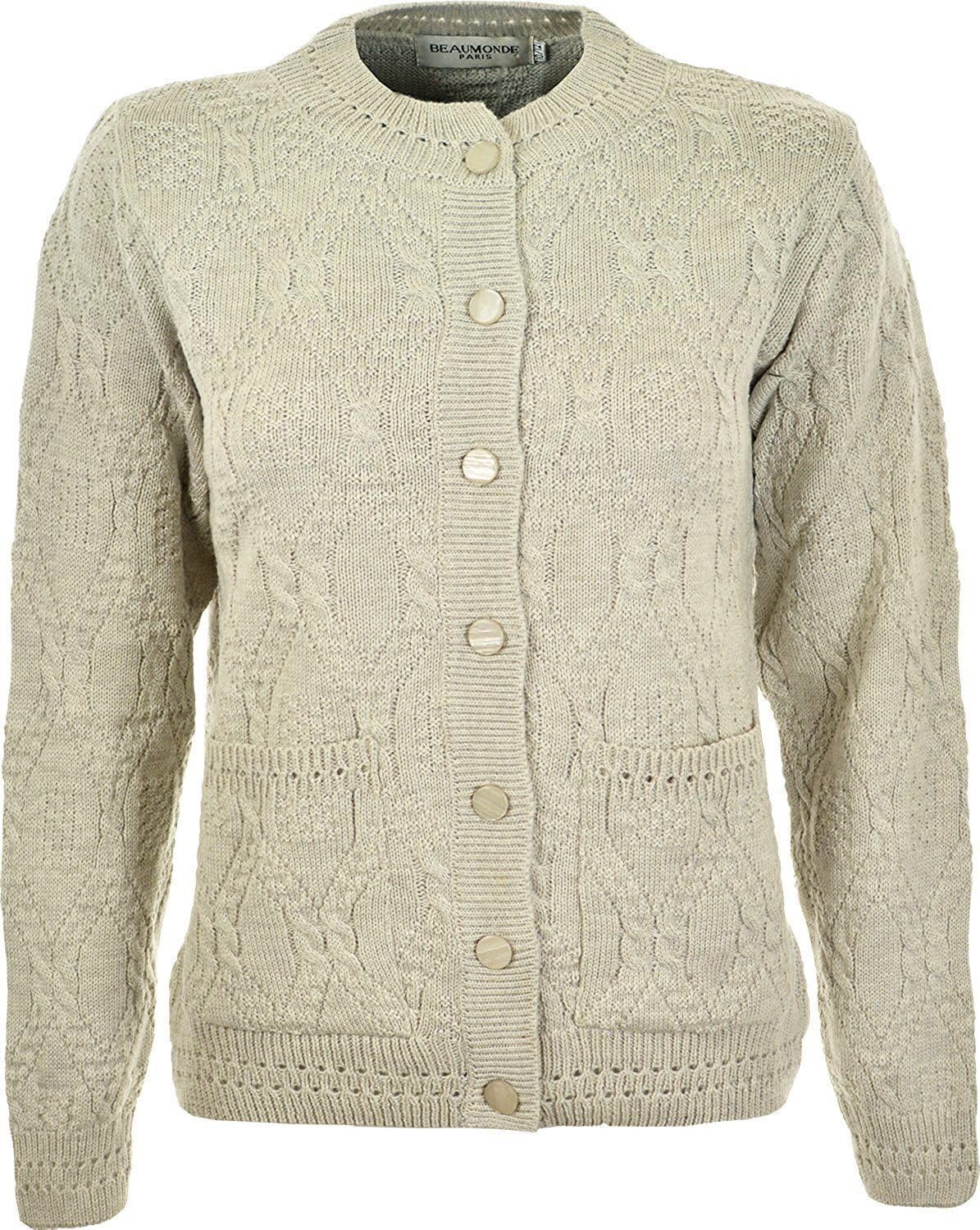 WearAll Women's Ladies Long Sleeve Button Top Aran Knitted Cardigan Button Clouse Crew Neck UK (18/20, Oatmeal) Stone