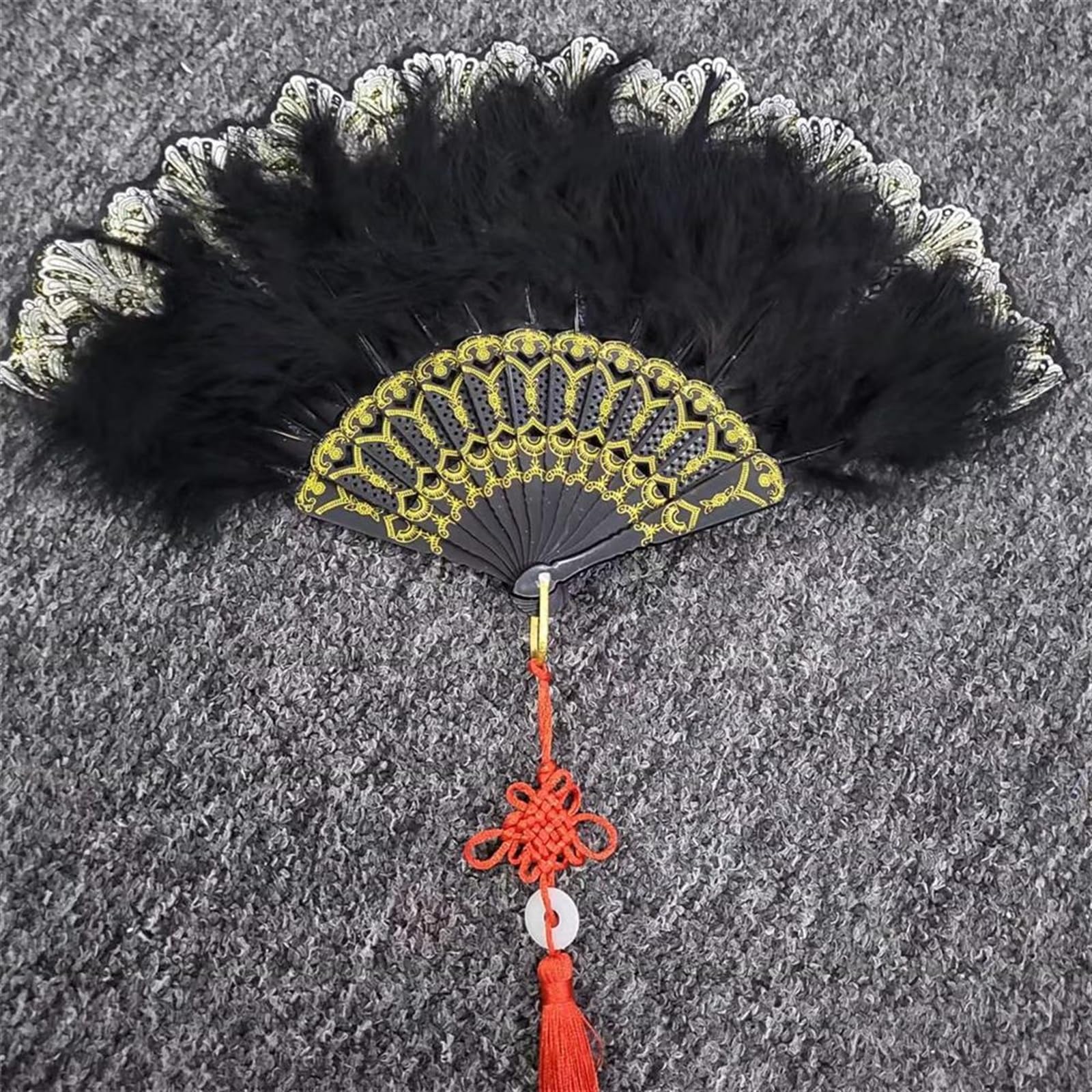 Abanico de plumas plegable negro con colgante de nudo de 25x45 cm para decoración