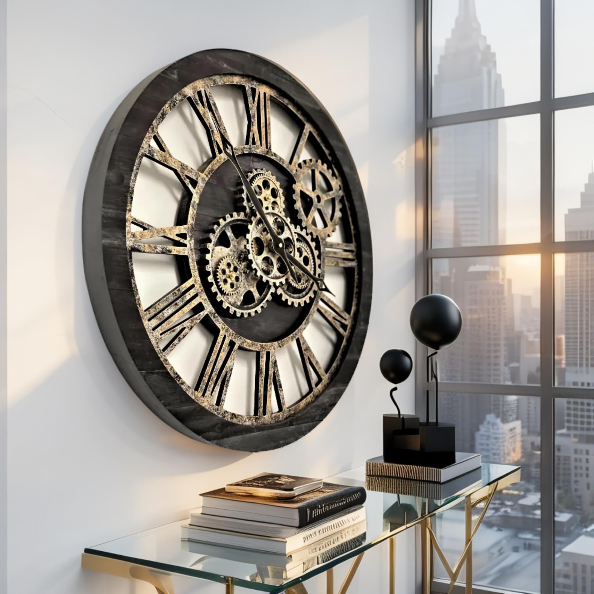ImprovingLife - Orologio da parete in stile vintage, industriale, stile rustico, 60 cm (legno nero e bronzo)
