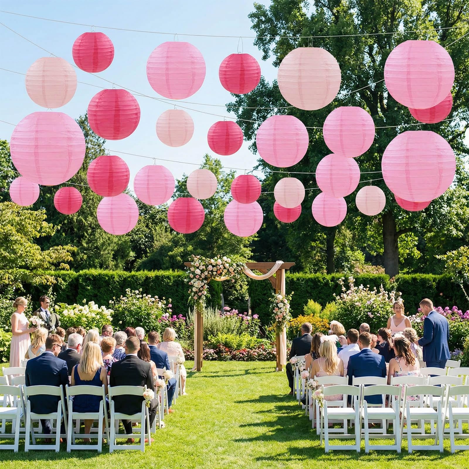 18 lanterne di carta rosa, rotonde decorative con filo da pesca, lanterne di carta da appendere per feste di compleanno, decorazioni in giardino, decorazioni per matrimoni da sposa