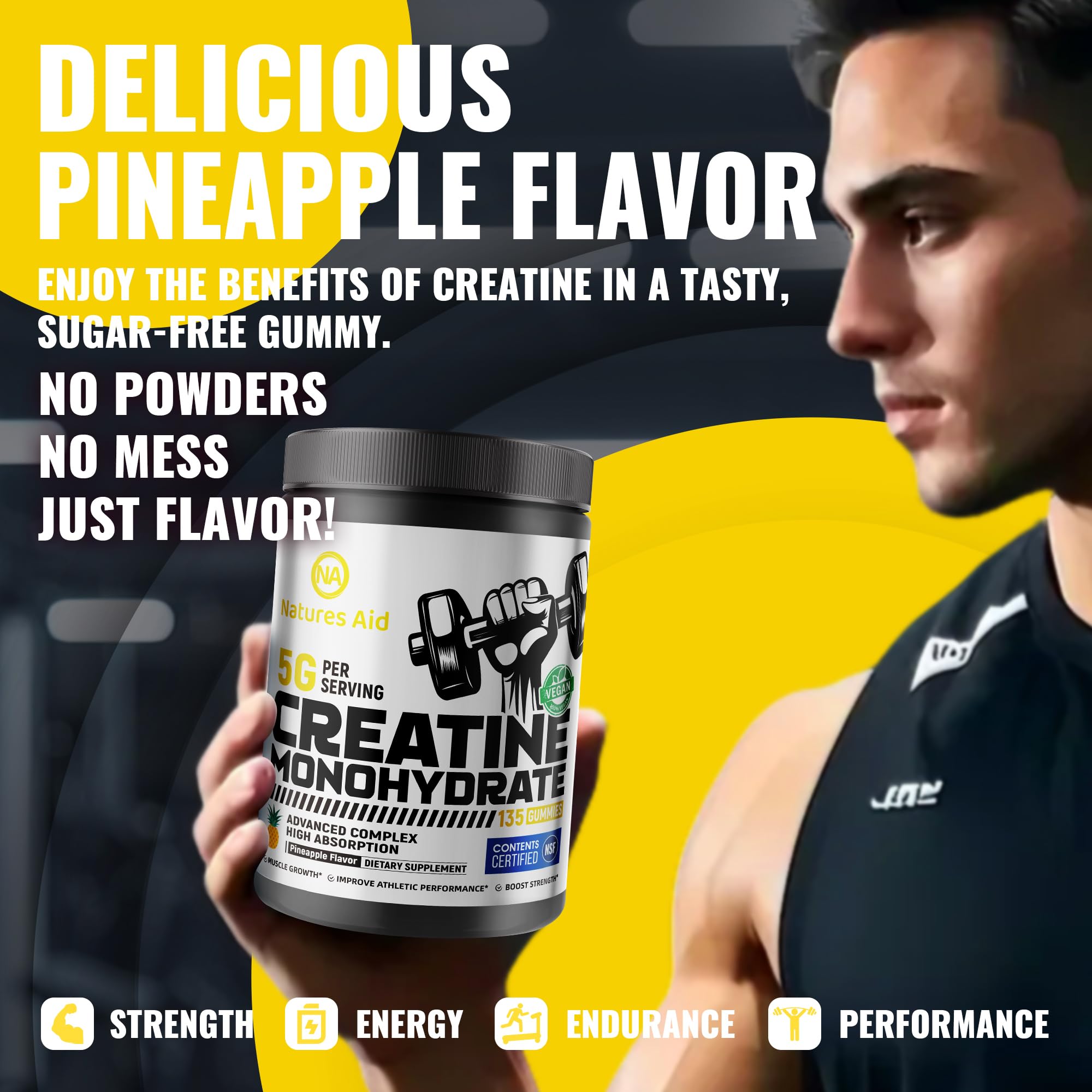 Natures Aid NSF Certified Creatine Gummy 5g - Creatine Monohydrate Gummies – Pre-Workout Energy & Muscle Growth Support for Men & Women | Pineapple Electrolyte Gummies (135 Count) — Amazon image 6