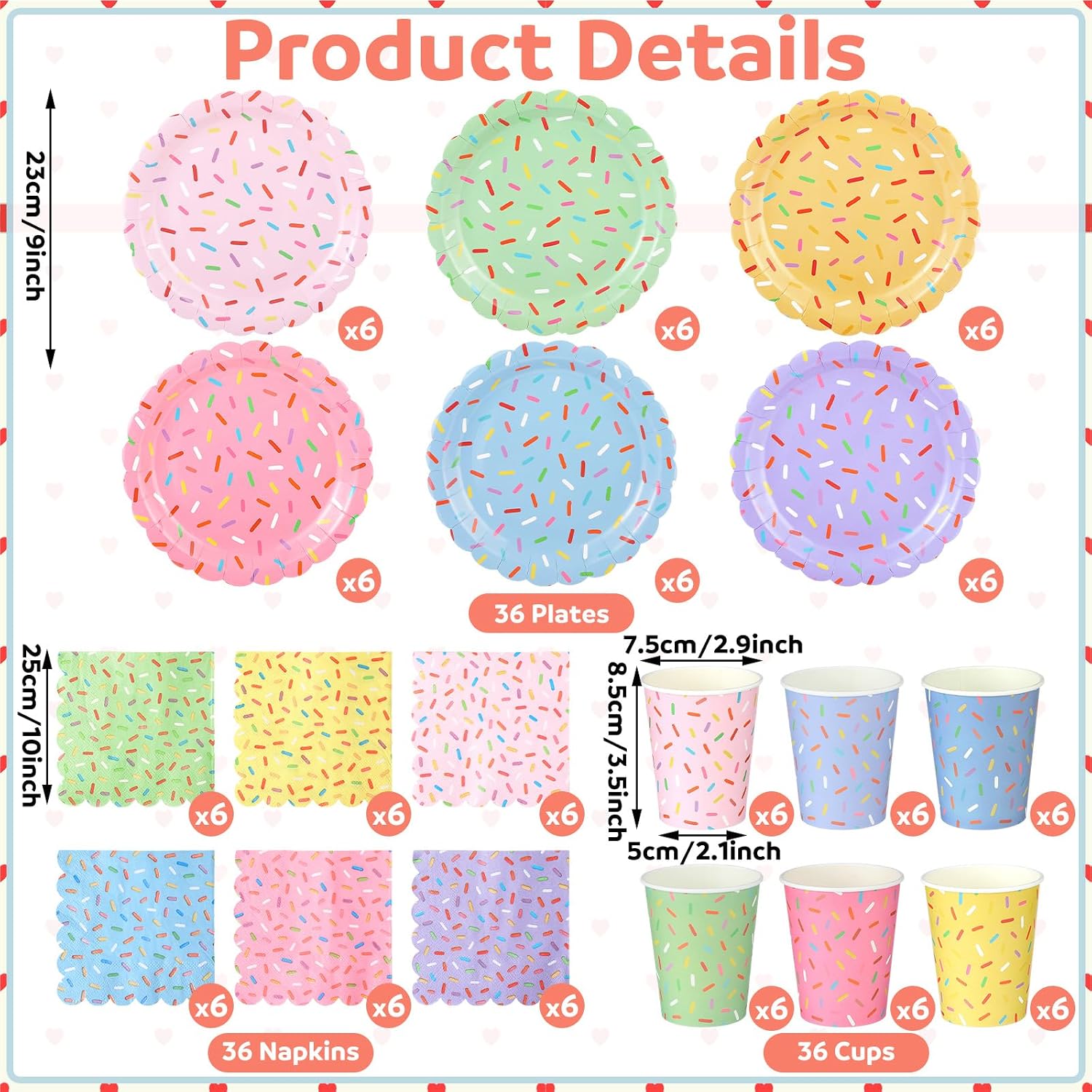 Havawish 108 Pcs Donut Sprinkle Party Supplies Set Include Sprinkles Paper Plates Ice Cream Disposable Napkins Paper Cups Disposable Tableware for Birthday Wedding Baby Shower Decorations (Scalloped)