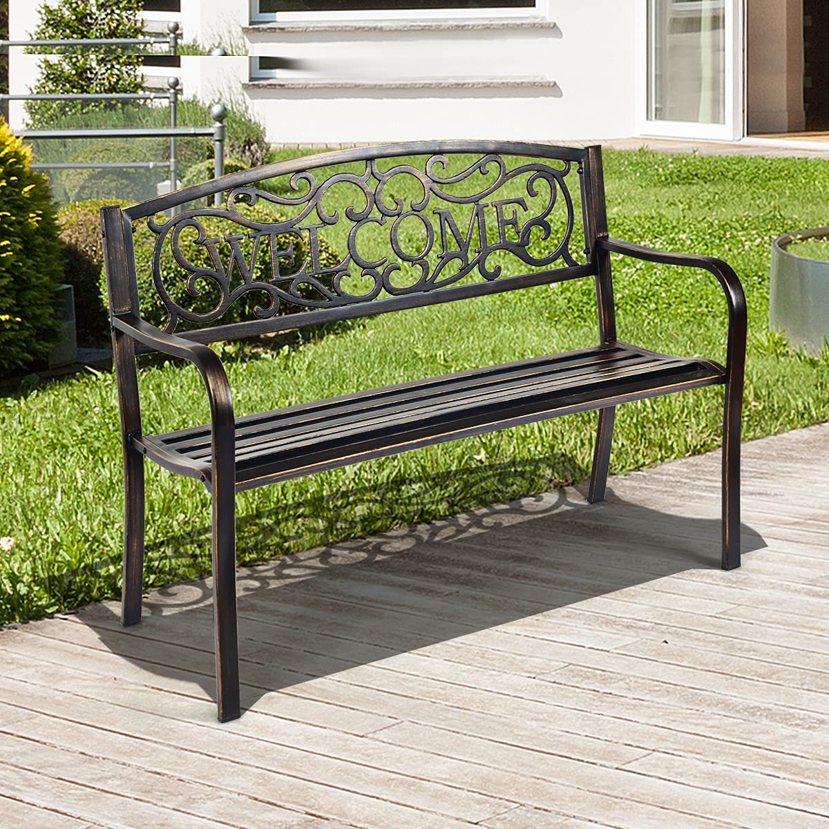 GOPLUS Banc Exterieur Jardin, 127 x 63 x 89 CM, Place pour 2 Personnes, Banquette Exterieur de Cadre en Métal, Charge 320KG, Dossier Ajouré avec Motif Mot, Idéal pour Patio, Piscine (Bronze)