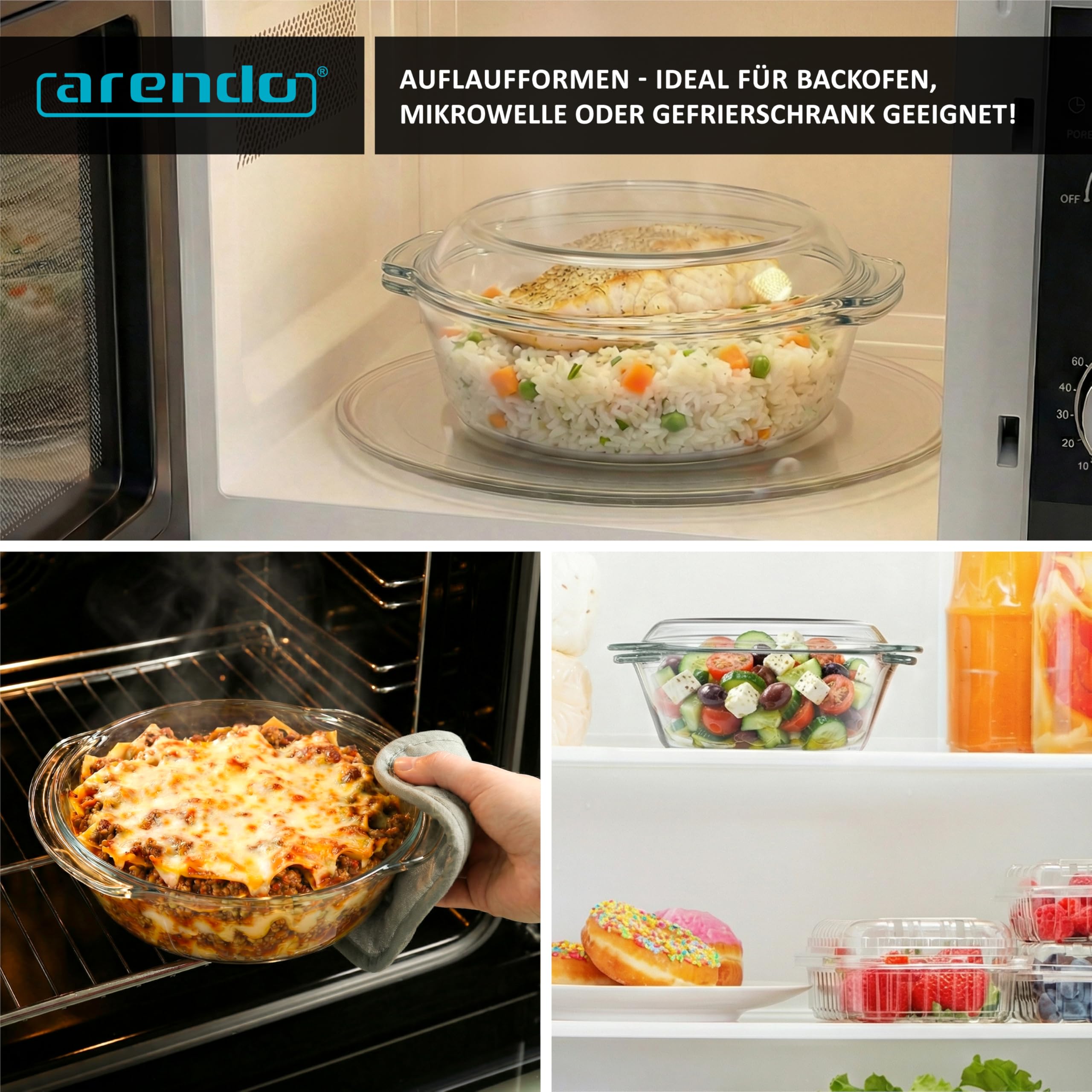 Arendo - Glas Ofenform Auflaufform rund mit Deckel und Griffen – 3er Set – Borosilikatglas – 3 Größen 1000ml 1500ml 2000ml – ofenfest – mikrowellengeeignet – nachhaltig BPA-frei - klein bis groß