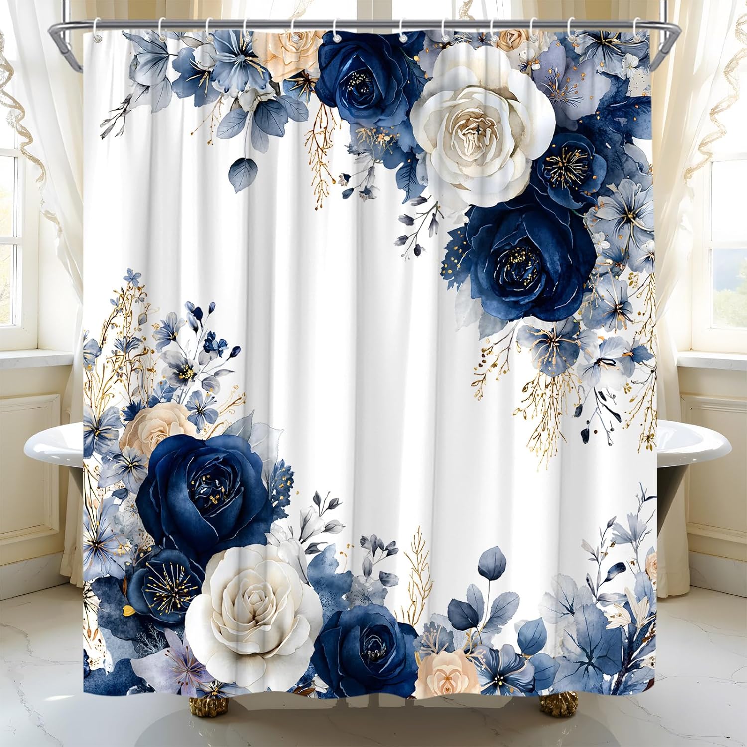 Navy Blue Floral Shower Curtain Cute Rose Flower Spring Eucalyptus Leaf Girls Watercolor Plant Botanical Fabric Bathroom Decor Set with Hooks,(70" Wx78 H)