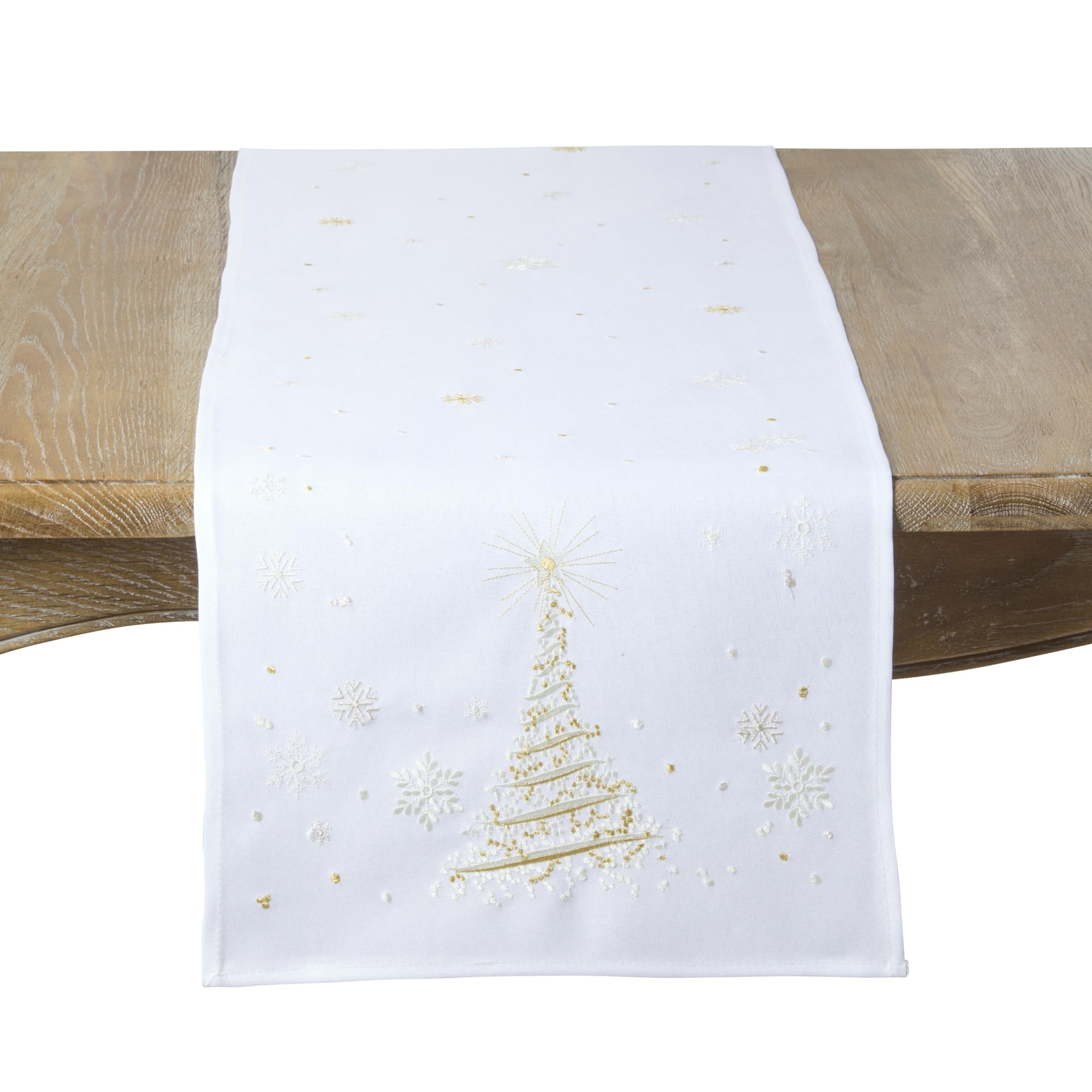SARO LIFESTYLE Embroidered Christmas Tree Table Runner - Holiday Table Runner for Christmas Dining Table, Festive Winter Entertaining, Seasonal Table Décor, and Holiday Tablescapes, 16"x70", White
