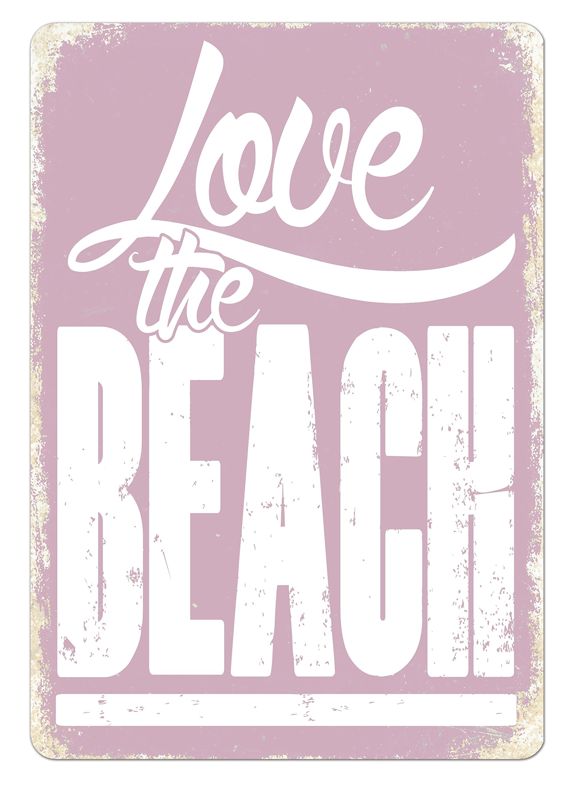 Cirrus Pink Slogan "Love The Beach" Quote Metal Wall Sign Plaque - Home Art Inspirational (Pink)