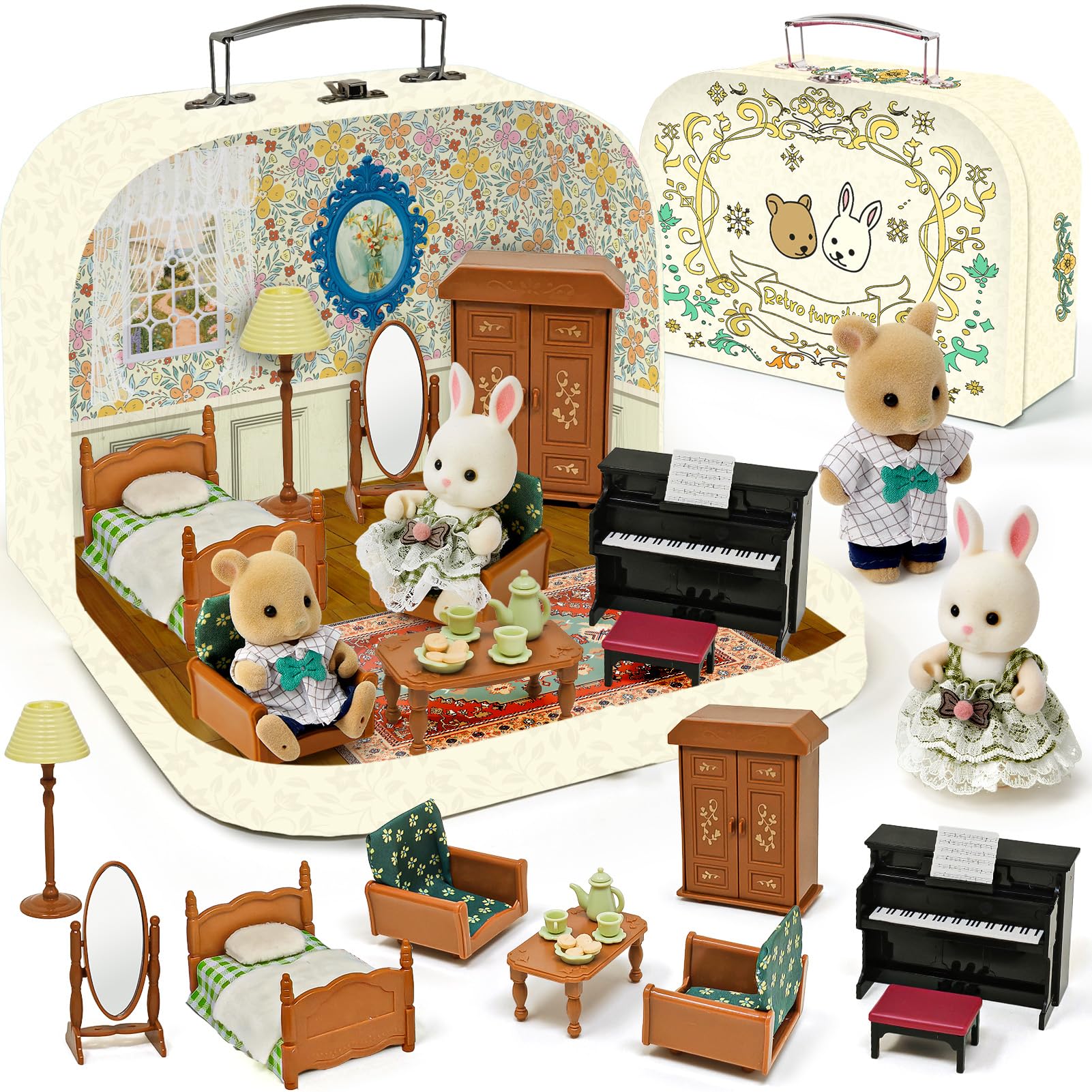 Maison de Poupée Valise Portable avec Accessoires, Mini Maison DIY avec Chat et Chien en Peluche, Meubles en Bois, Jeu d'Imitation, Idée Cadeau Anniversaire Noël pour Enfants Fille Garçon dès 3 Ans