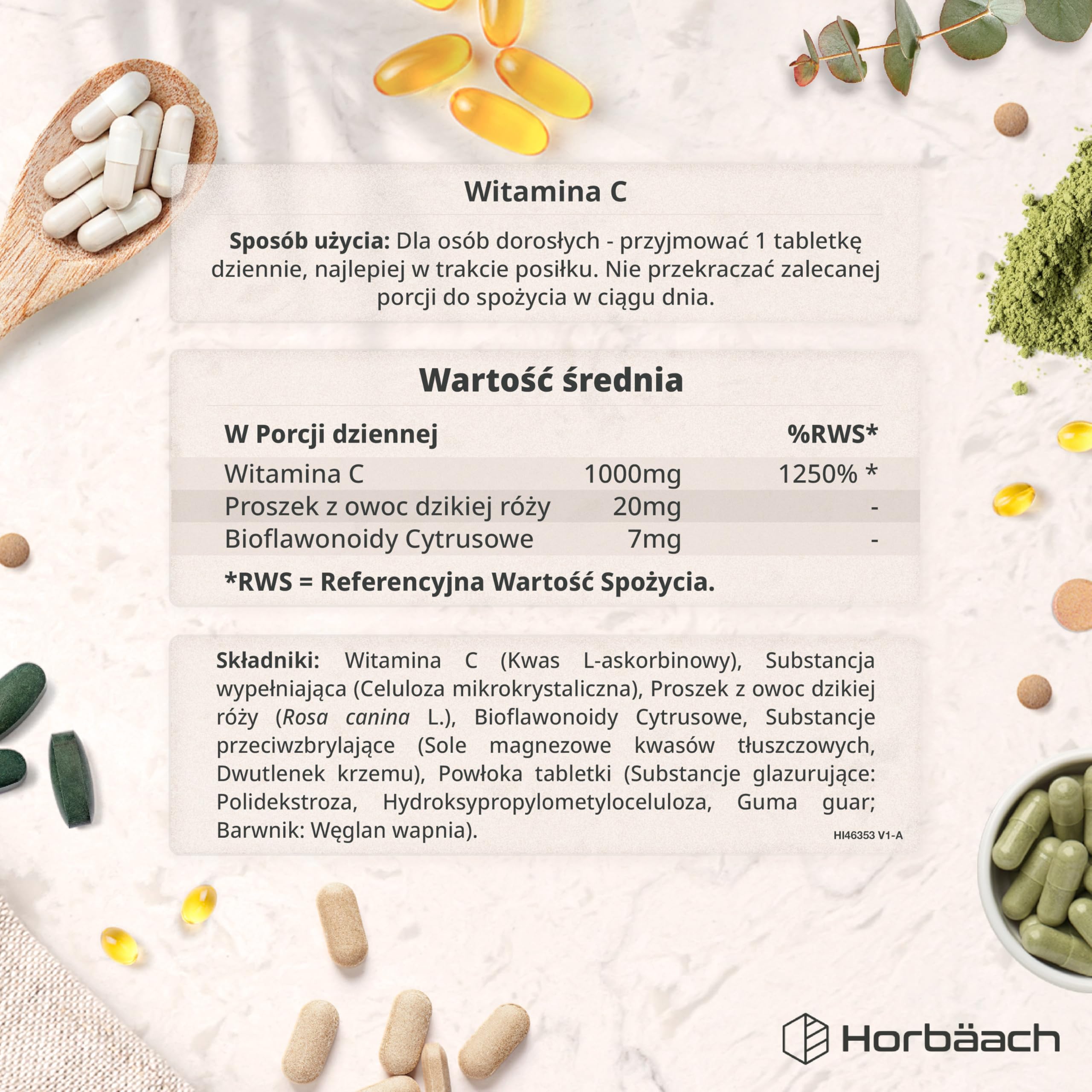 Witamina C 1000mg z Dziką Różą i Bioflawonoidami | Wysoka Dawka | 180 Tabletek - 6 Miesięcy Suplementacji | Suplement Wegański | marki Horbaach