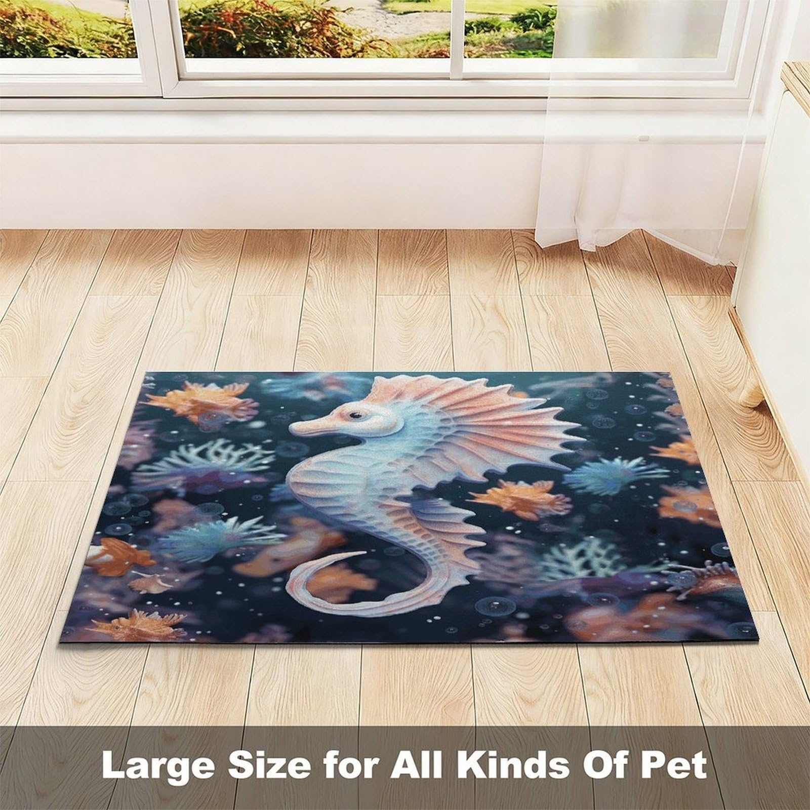 Tapis de nourriture pour chat hippocampe et étoile de mer - Antidérapant - Facile à nettoyer pour la nourriture et l'eau - 43,2 x 76,2 cm