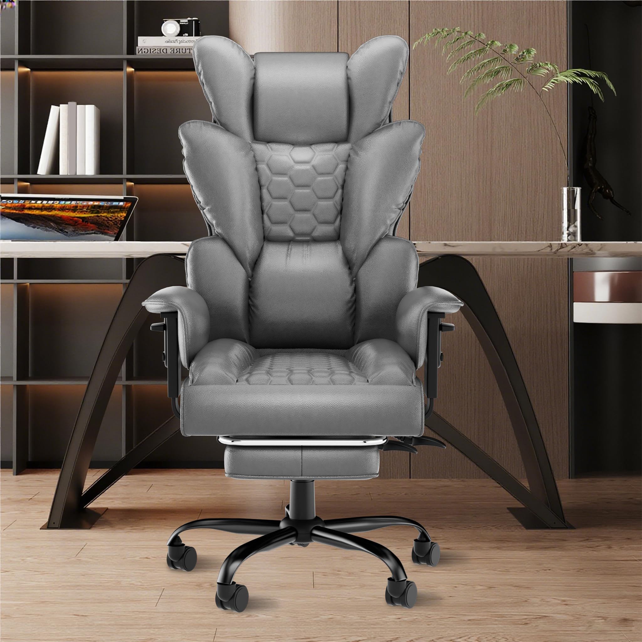 ACXIN Ergonomischer Chefsessel Bürostuhl PU-Leder mit hoher Rückenlehne, 150° verstellbar, verstellbare Armlehnen & Fußstütze für Büro, Homeoffice & Gaming (Grau, Belastbarkeit 150 kg)