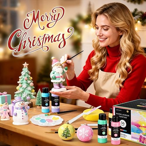 Miniatura 88 de POPYOLA Juego de 40 piezas de pintura acrílica con 12 pinceles, 2 cuchillos, paleta y esponja, 24 colores (2.3 onzas líquidas, 2 onzas), pintura