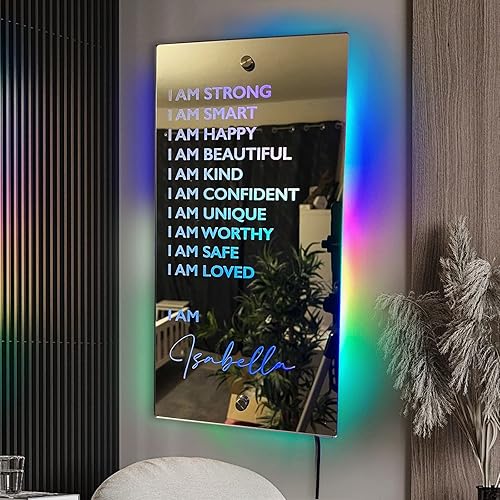 RAQUCK Lámpara de espejo con luz LED personalizada con texto en inglés "I AM Affirmations para arte de pared, luz LED RGB, regalo de cumpleaños para