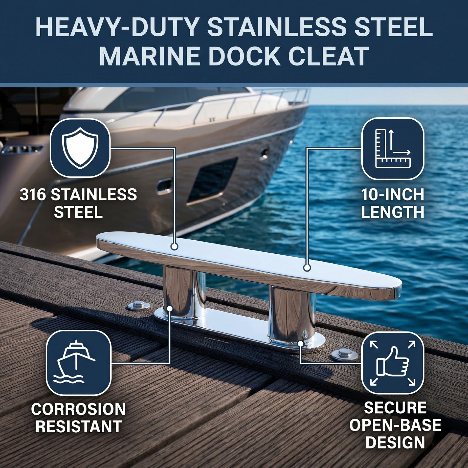 aqxreight 10-Zoll-Bootsklampe, Dockklampe mit Offener Basis, Edelstahl 316, 2 Stück, Robuste Marine-Klampe, Polierte Oberfläche, 240 Mm Länge, für das Anlegen von Yachtschiffen an Decksdocks