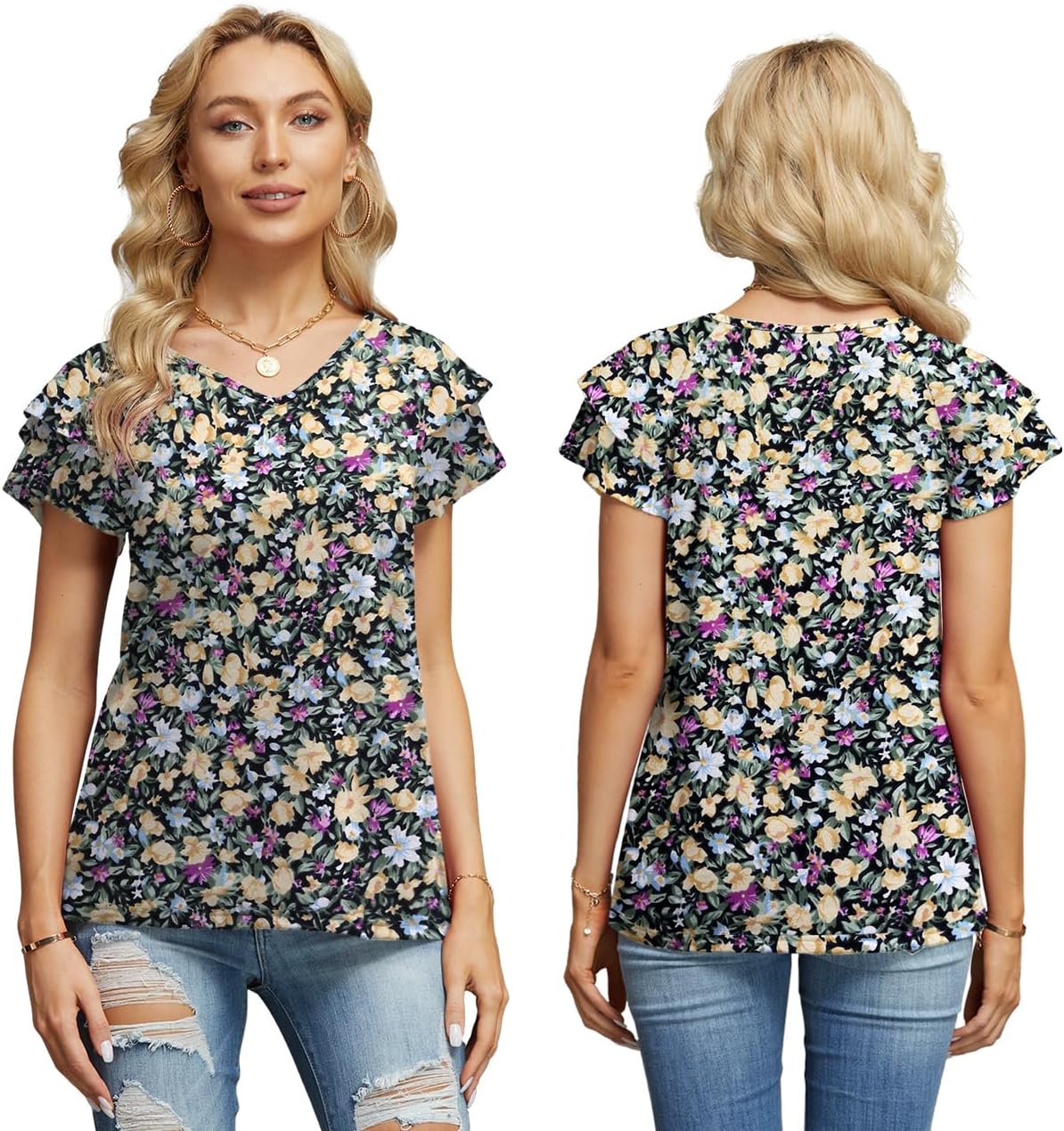 Women's Double Lace Sleeve Top - V Neck Casual Tunic, Loose Fit Summer Blouse In Rayon/Spandex - View #9