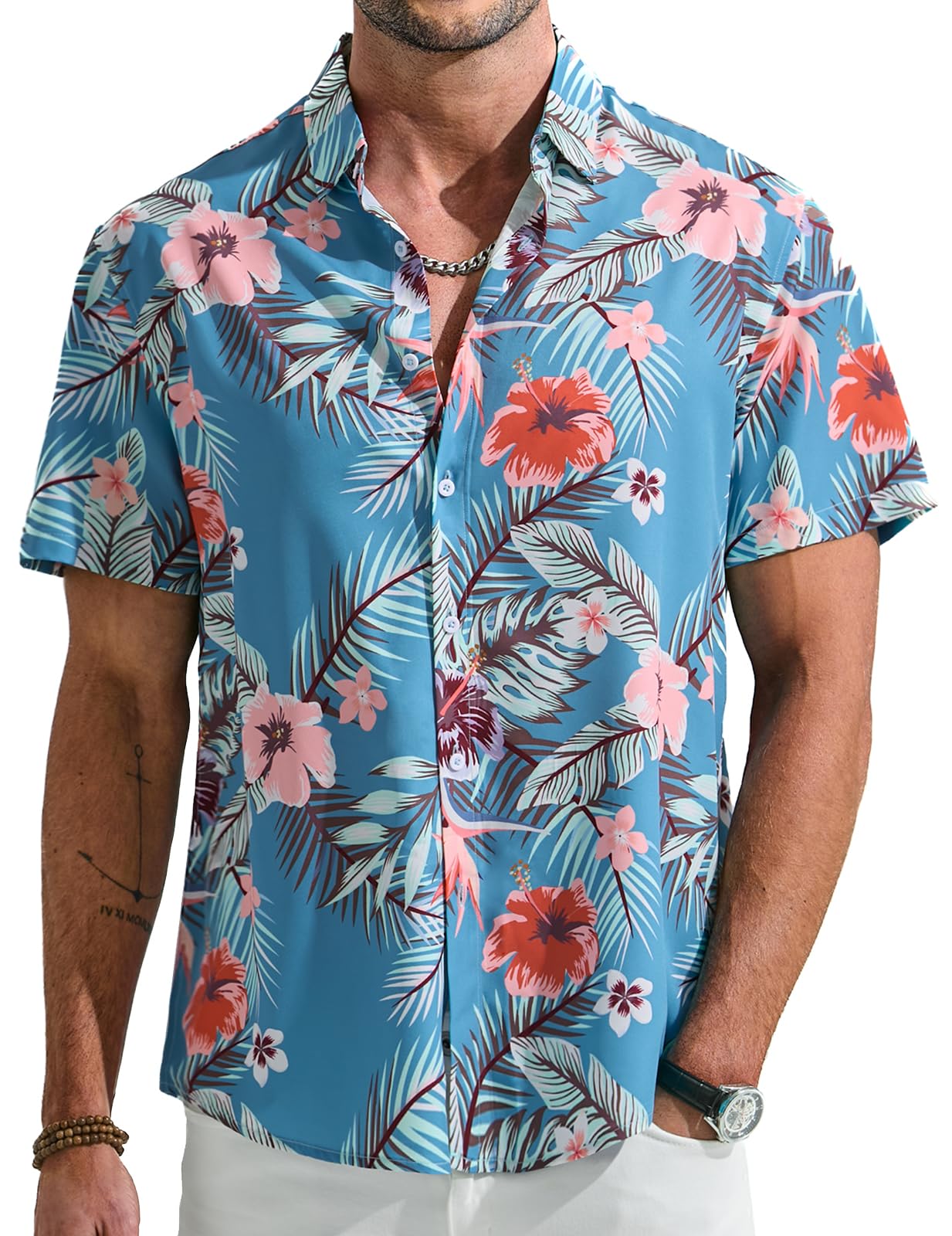 Camicia hawaiana da uomo, estiva, a maniche corte, con bottoni, casual, per il tempo libero, per le vacanze, motivo floreale, vestibilità regolare