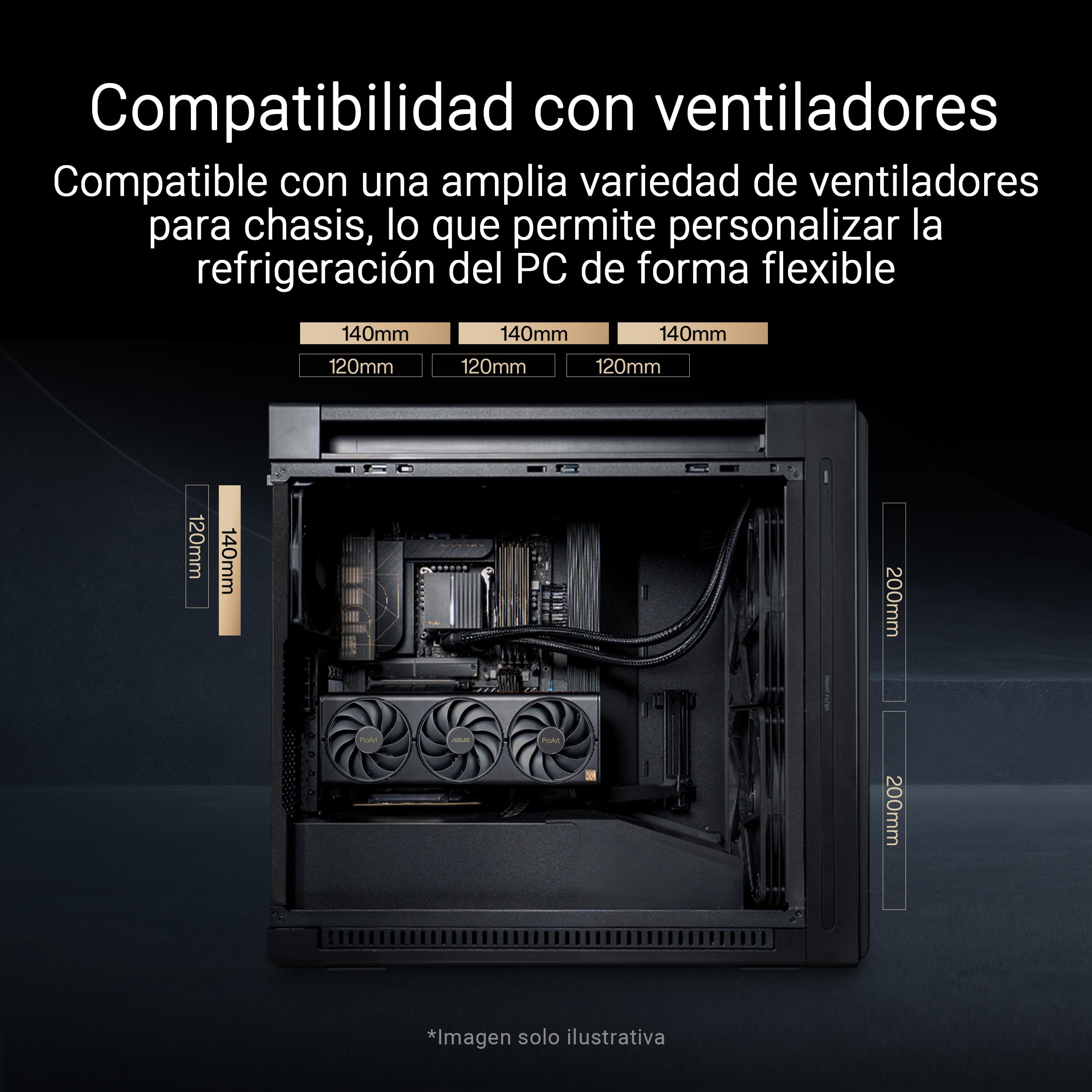 ASUS ProArt PA602 Wood Edition Modern Black - Chasis E-ATX con Panel de Cristal Templado, Compatible con GPU de hasta 440 mm y radiadores de 420 mm, Ventiladores de 140 mm y de 200 mm preinstalados - 5