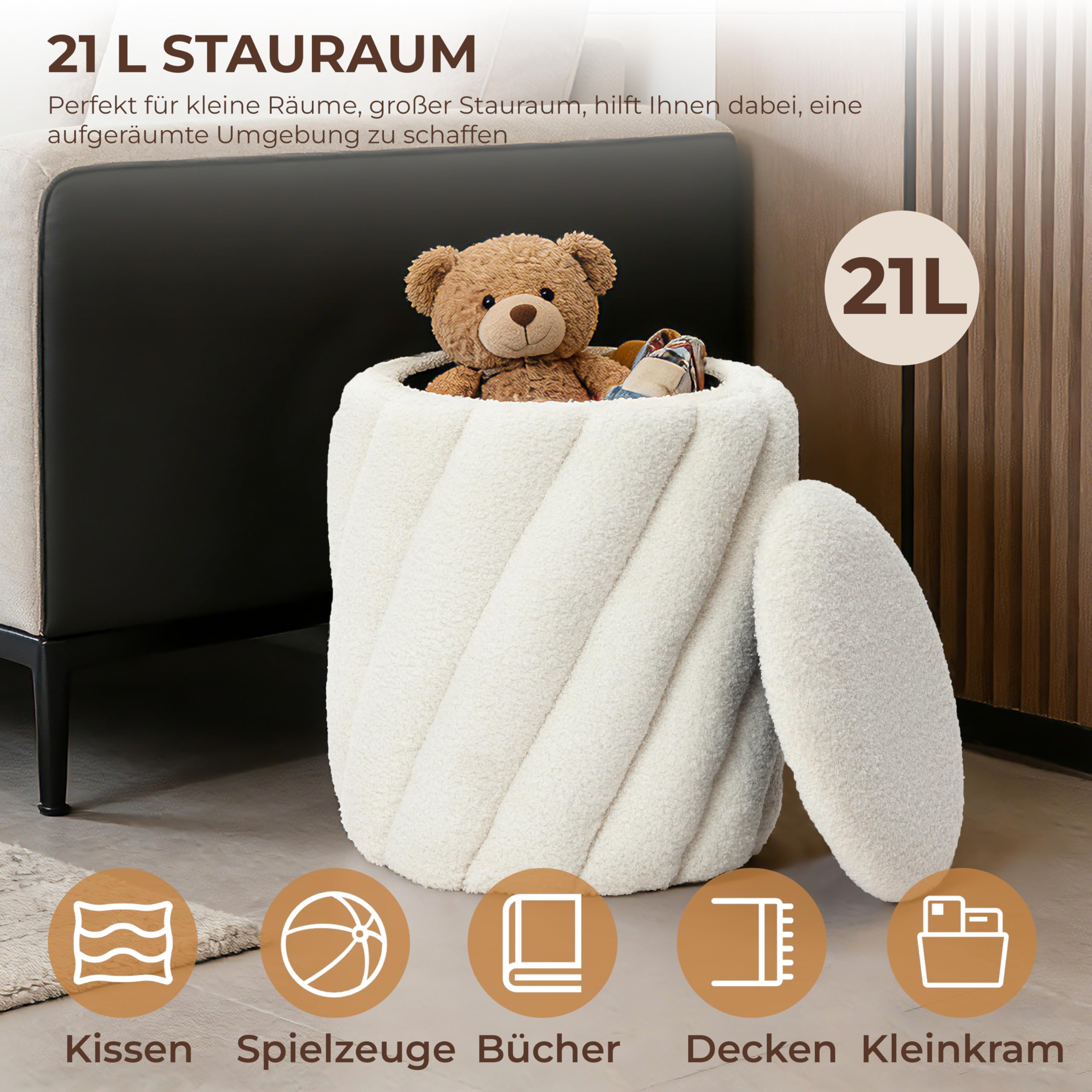 Hometopia Sitzhocker mit Stauraum, rund im Spiral-Design in Weiß