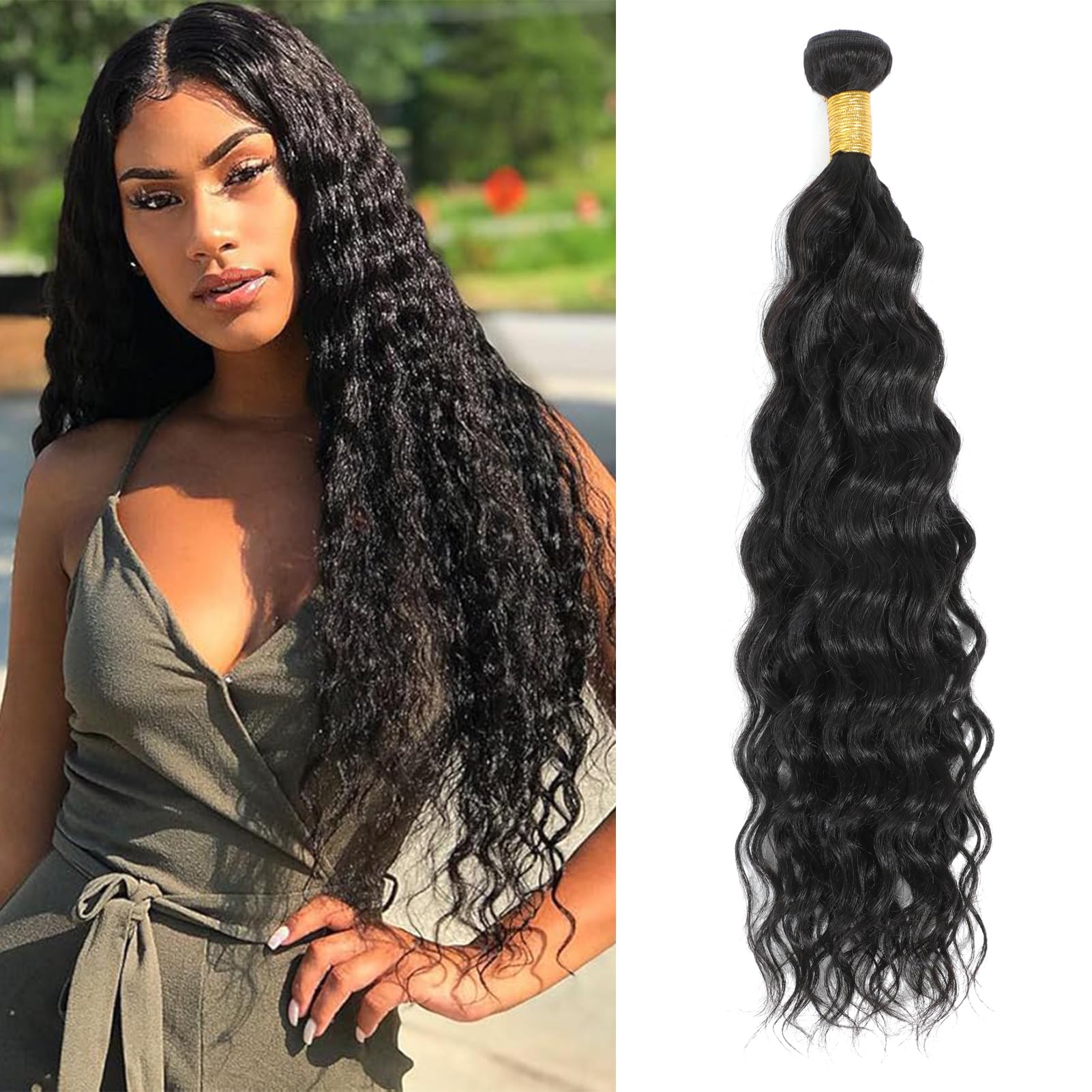 12A Brazilian Water Wave Human Hair Bundles One Bundle 24 Inch 100% Unprocessed Virgin Deep Wave Bundles Human Hair for Black Women Natural Black