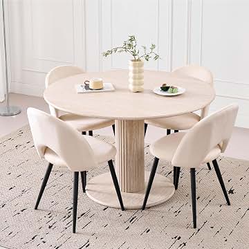 Juego de Mesa de Comedor Redonda con 4 Sillas, Conjunto Mesa (Textura de Travertino Amarillo) y Sillas de Comedor para Cocina, Restaurante y Oficina (Beige+Beige)
